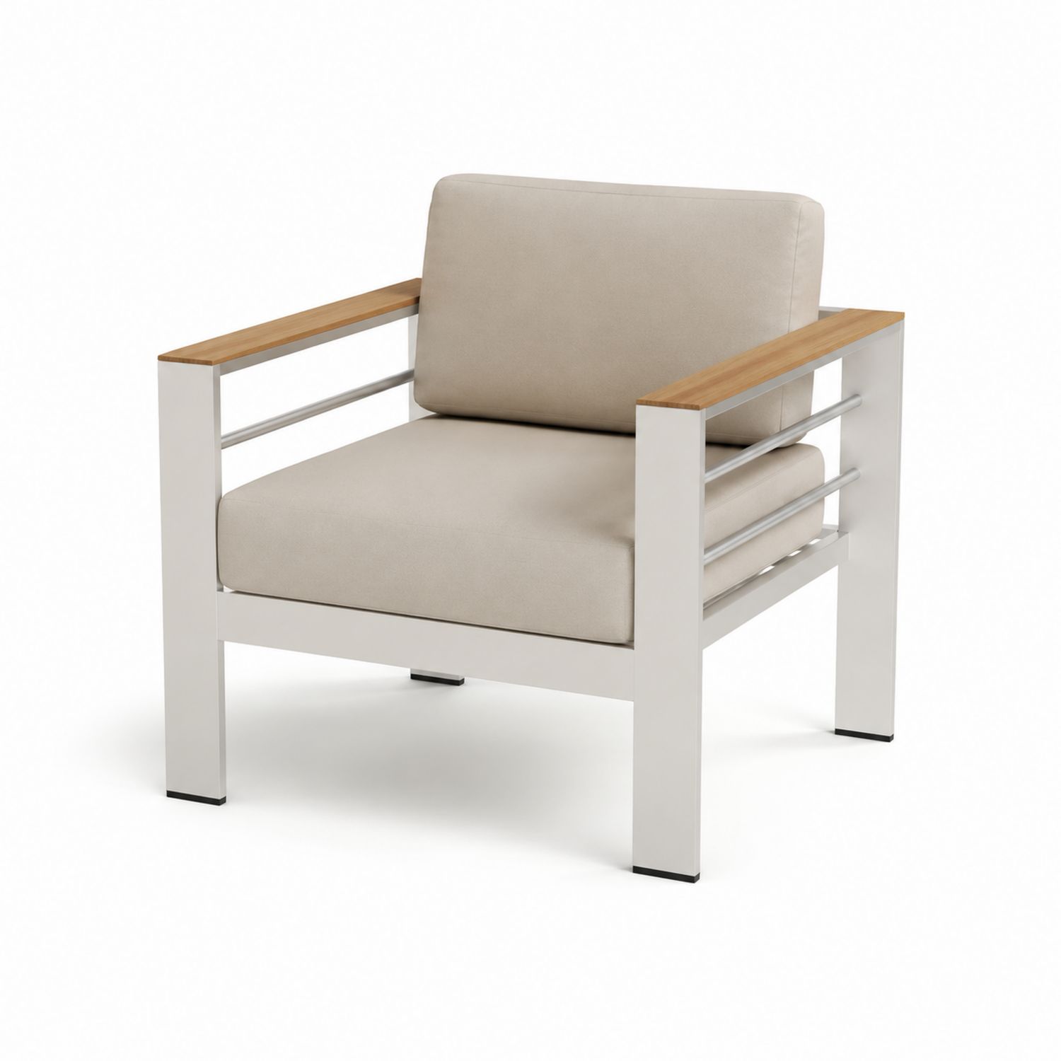 Fauteuil en métal avec accoudoirs en bois et coussins beiges