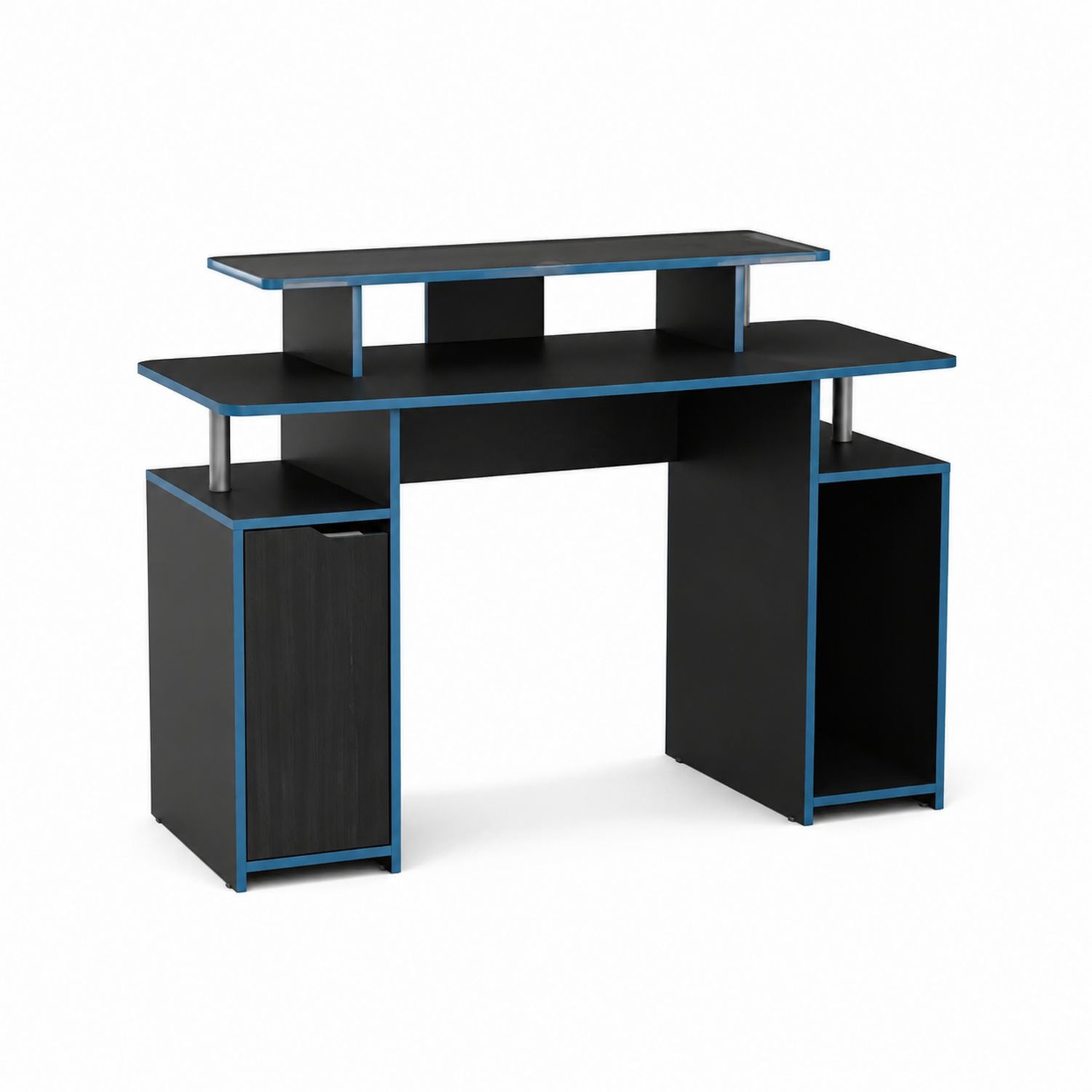 Bureau en bois et métal avec étagères intégrées, Noir et Bleu