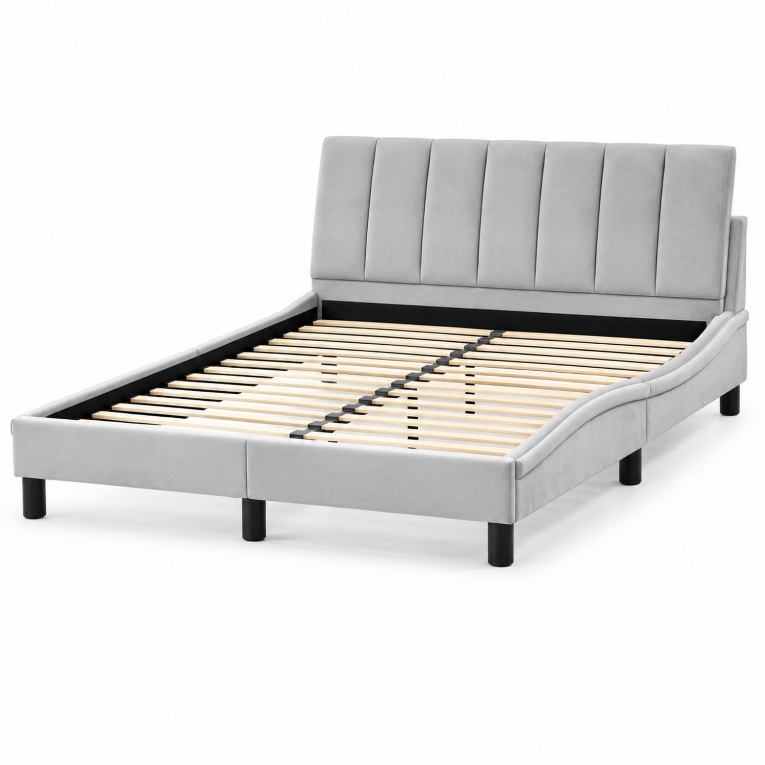 Lit double en bois et velours Gris 200x160 cm