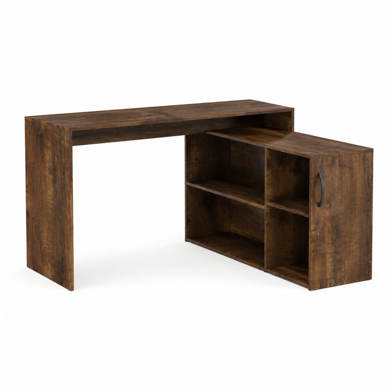 Bureau d'angle en panneau de particules marron avec étagères