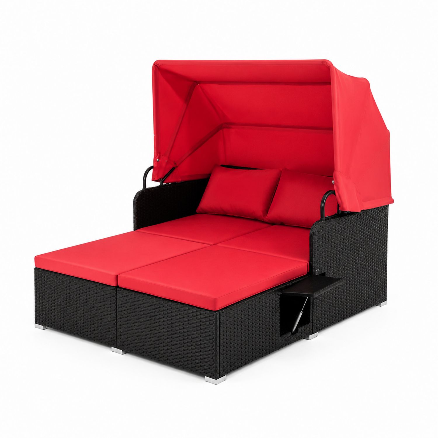 Lit de repos extérieur en rotin avec coussins rouges