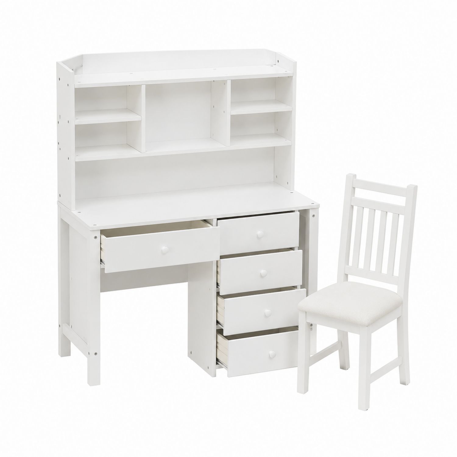 Bureau en Bois avec 4 Tiroirs et Chaise Blanche
