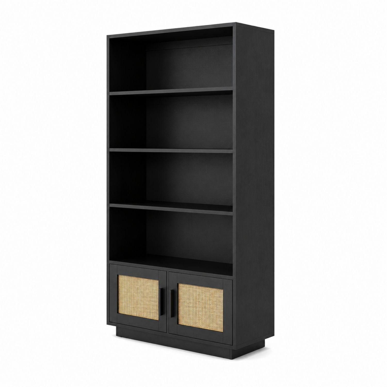 Bibliothèque en bois avec portes en rotin noir