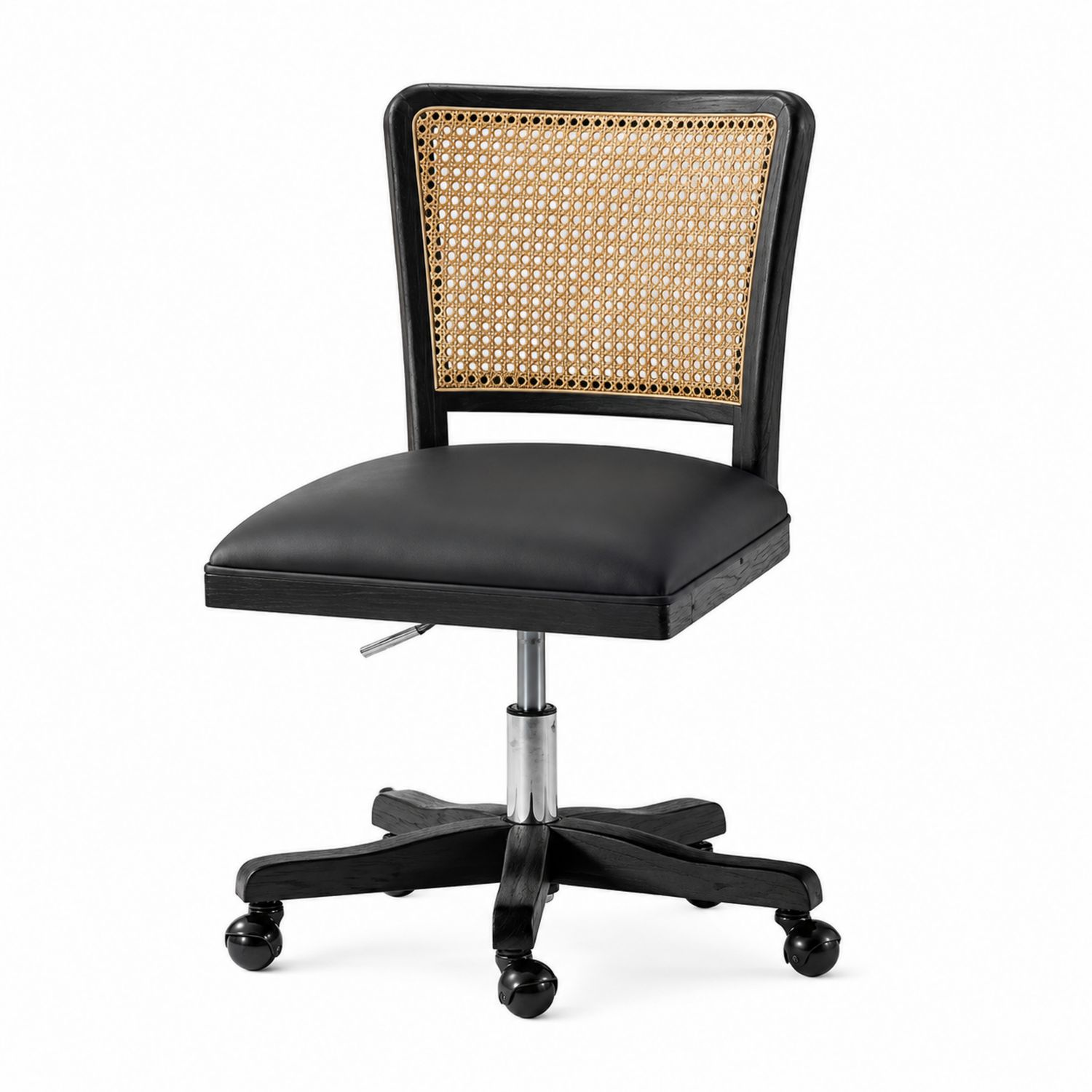 Chaise de bureau en bois et rotin avec assise en cuir synthétique noir-solvirekan