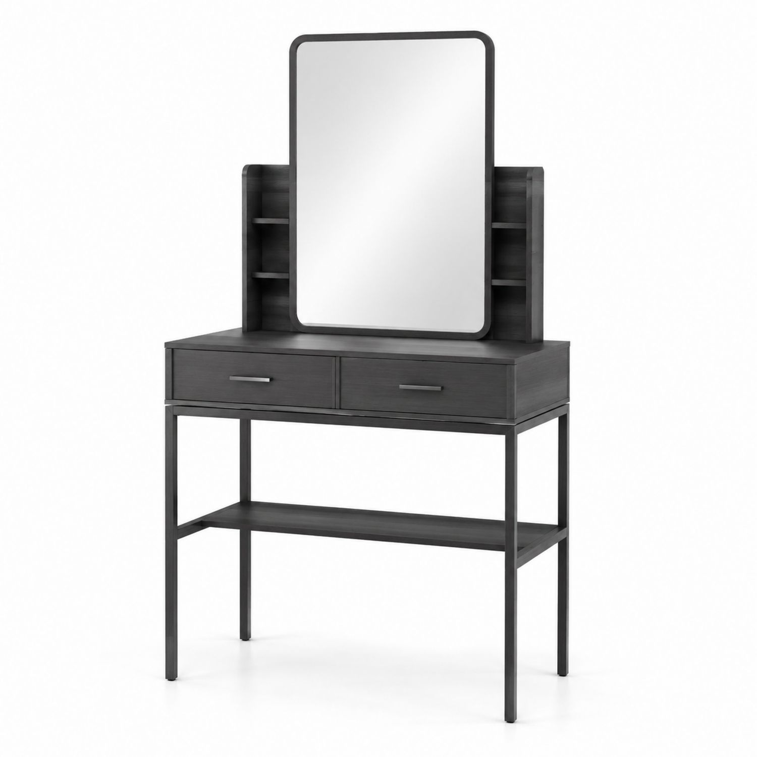 Coiffeuse en Bois Noir avec Miroir et Tiroirs en Métal-solvirekan