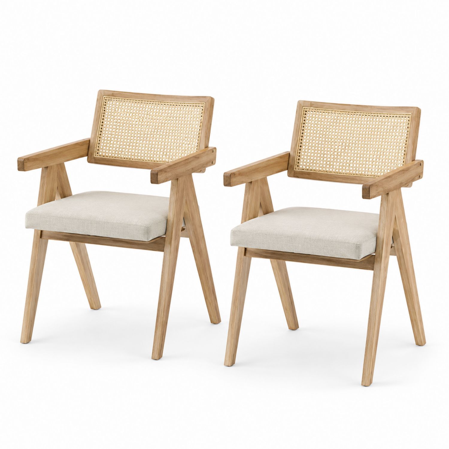 Lot de 2 chaises en bois avec dossier en rotin et coussin en tissu-solvirekan