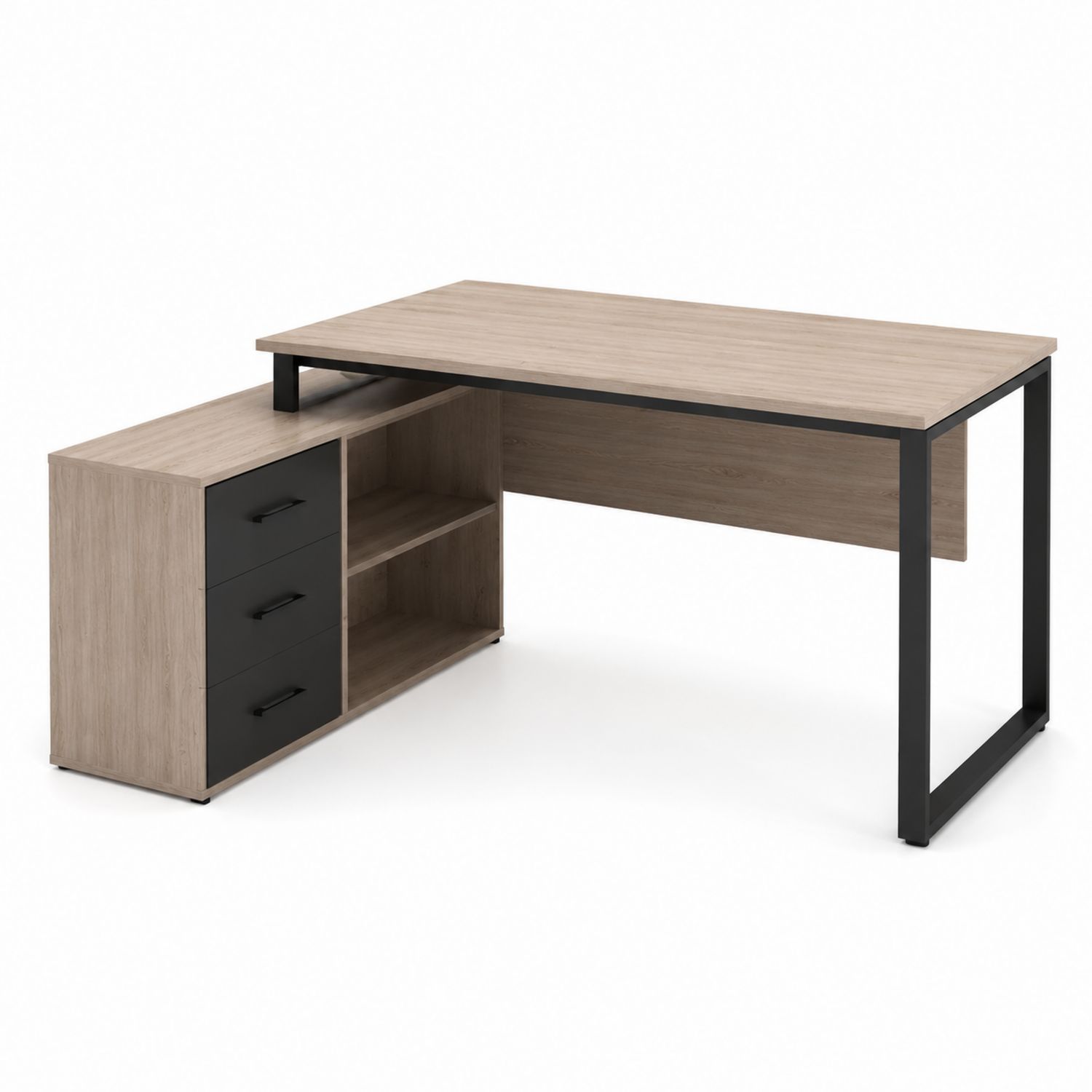 Bureau d'angle en bois clair et métal avec tiroirs noirs-solvirekan