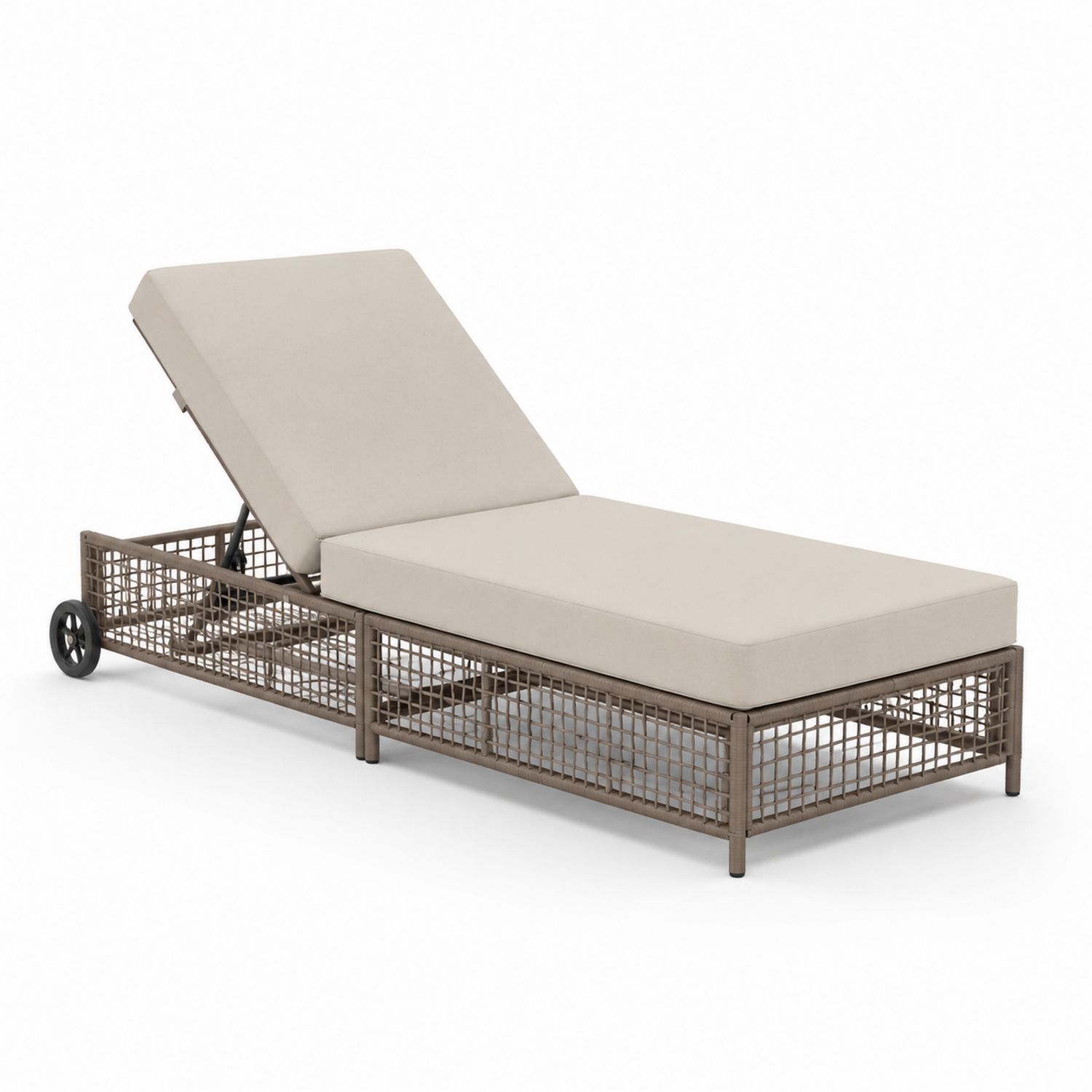 Chaise longue extérieure en aluminium et résine tressée avec coussins beiges-solvirekan