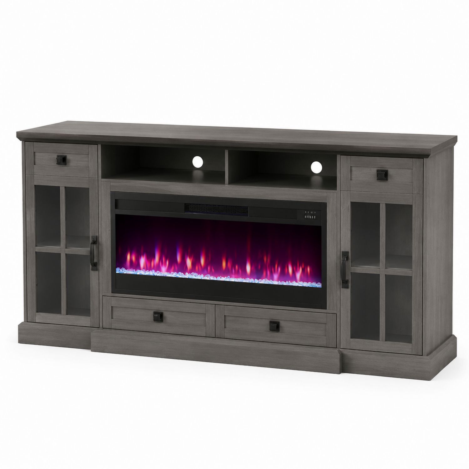 Meuble TV avec cheminée intégrée en bois et verre Gris-solvirekan