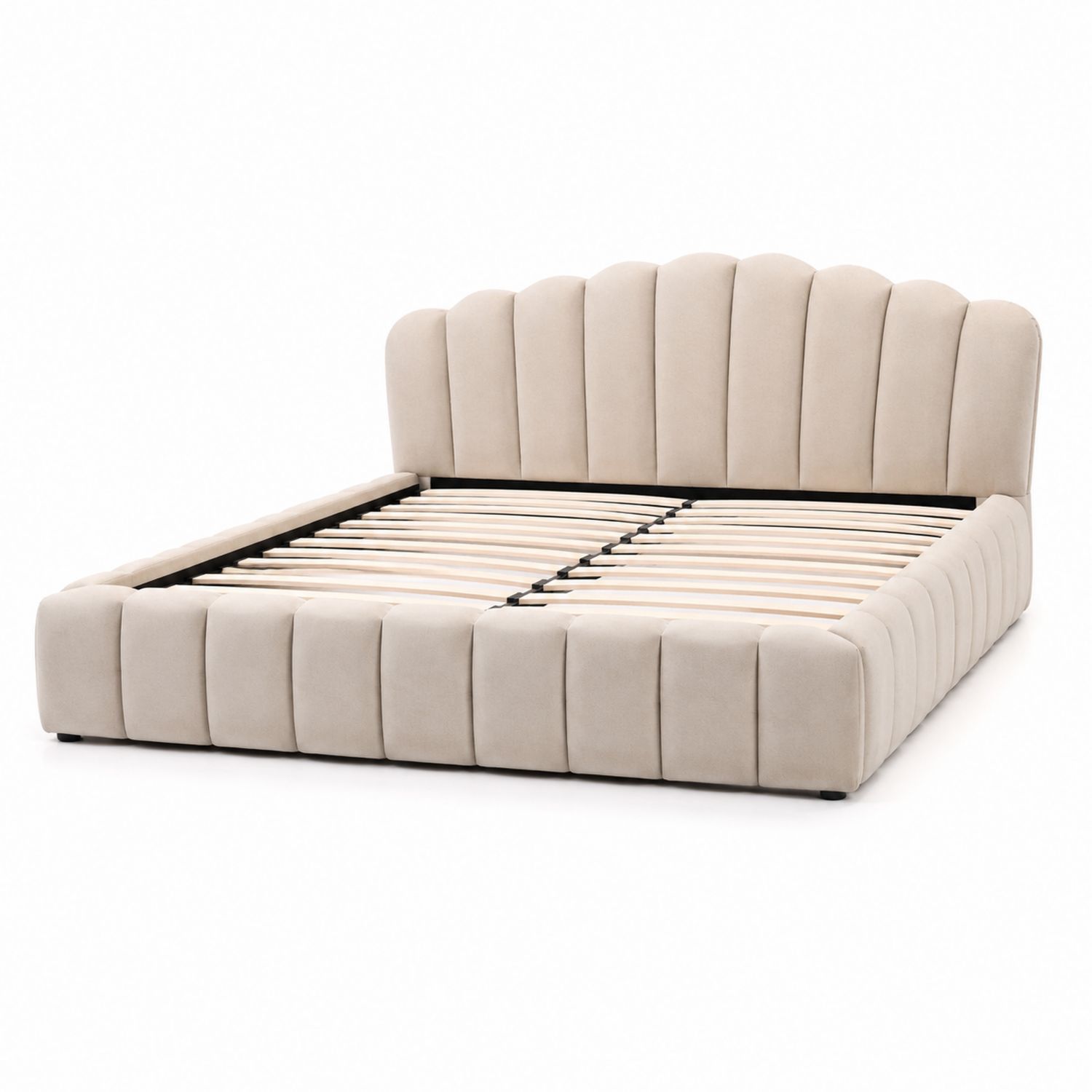 Lit double en velours beige avec tête de lit incurvée 180x200 cm-solvirekan