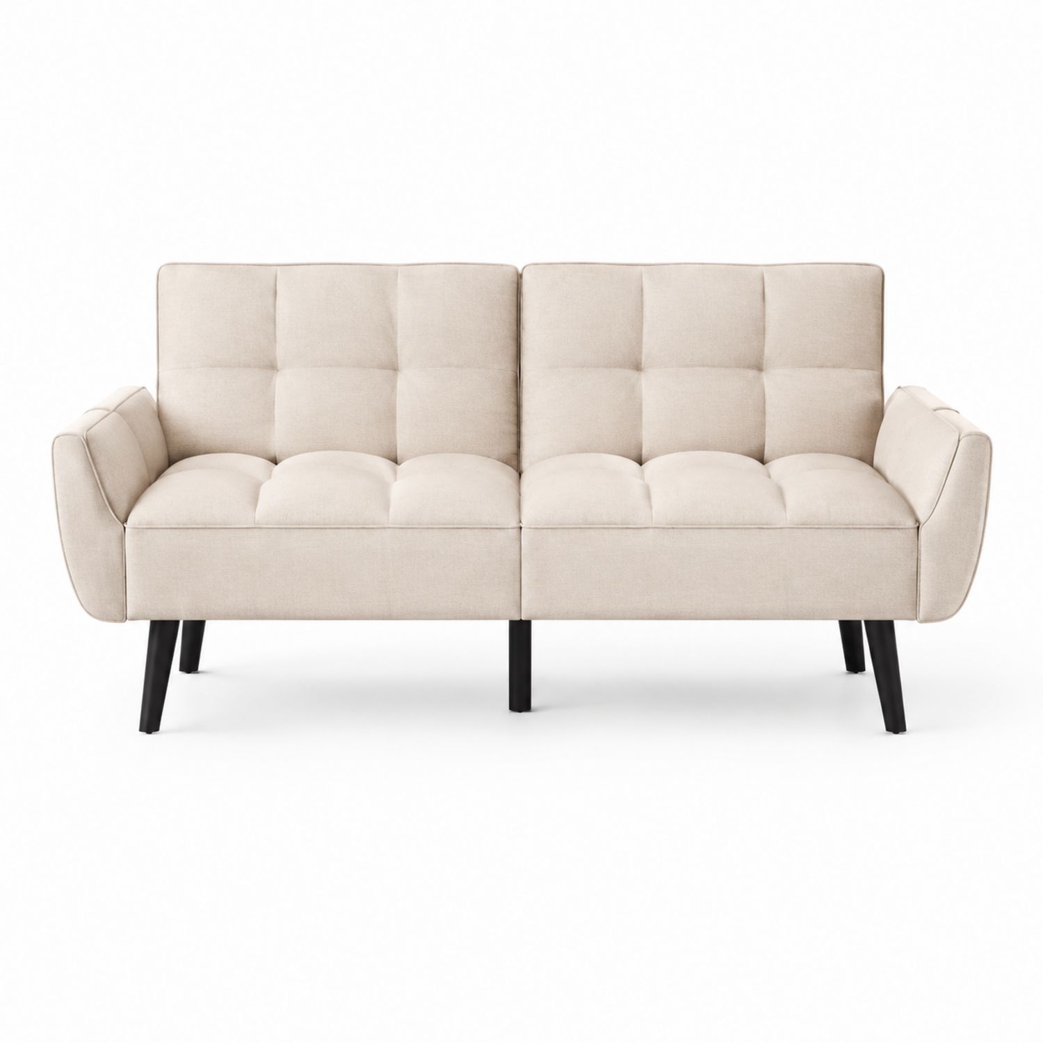 Canapé convertible 3 places en tissu beige avec pieds en bois noir-solvirekan