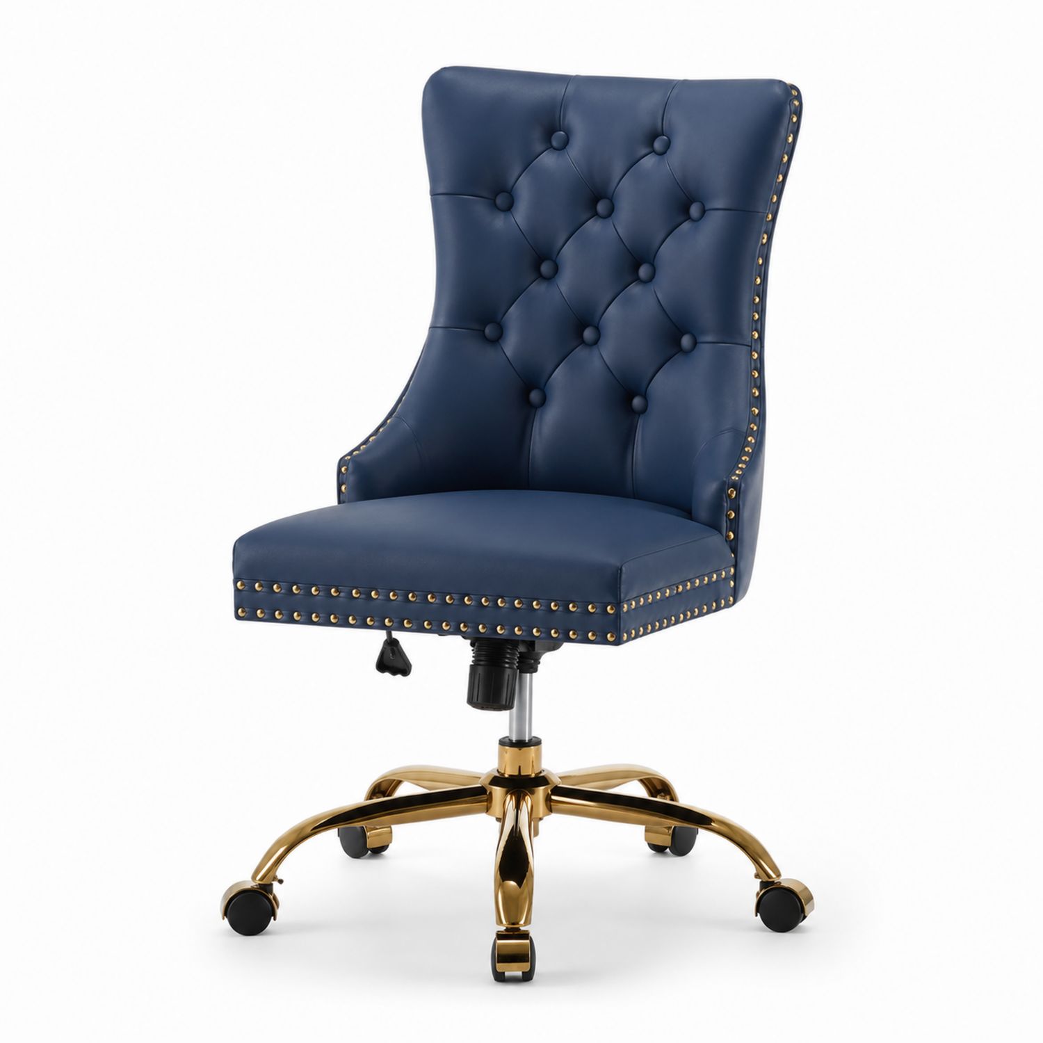 Chaise de bureau pivotante en cuir synthétique bleu avec base en métal doré-solvirekan