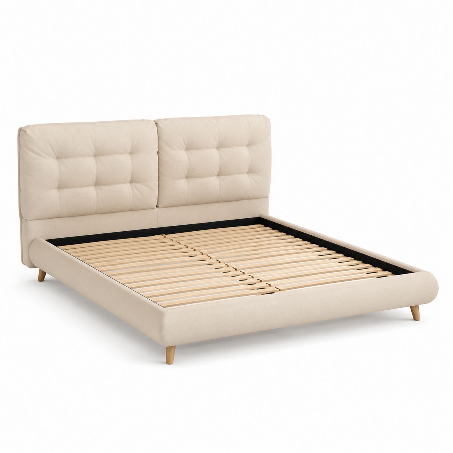 Lit double en tissu beige avec sommier à lattes en bois-solvirekan