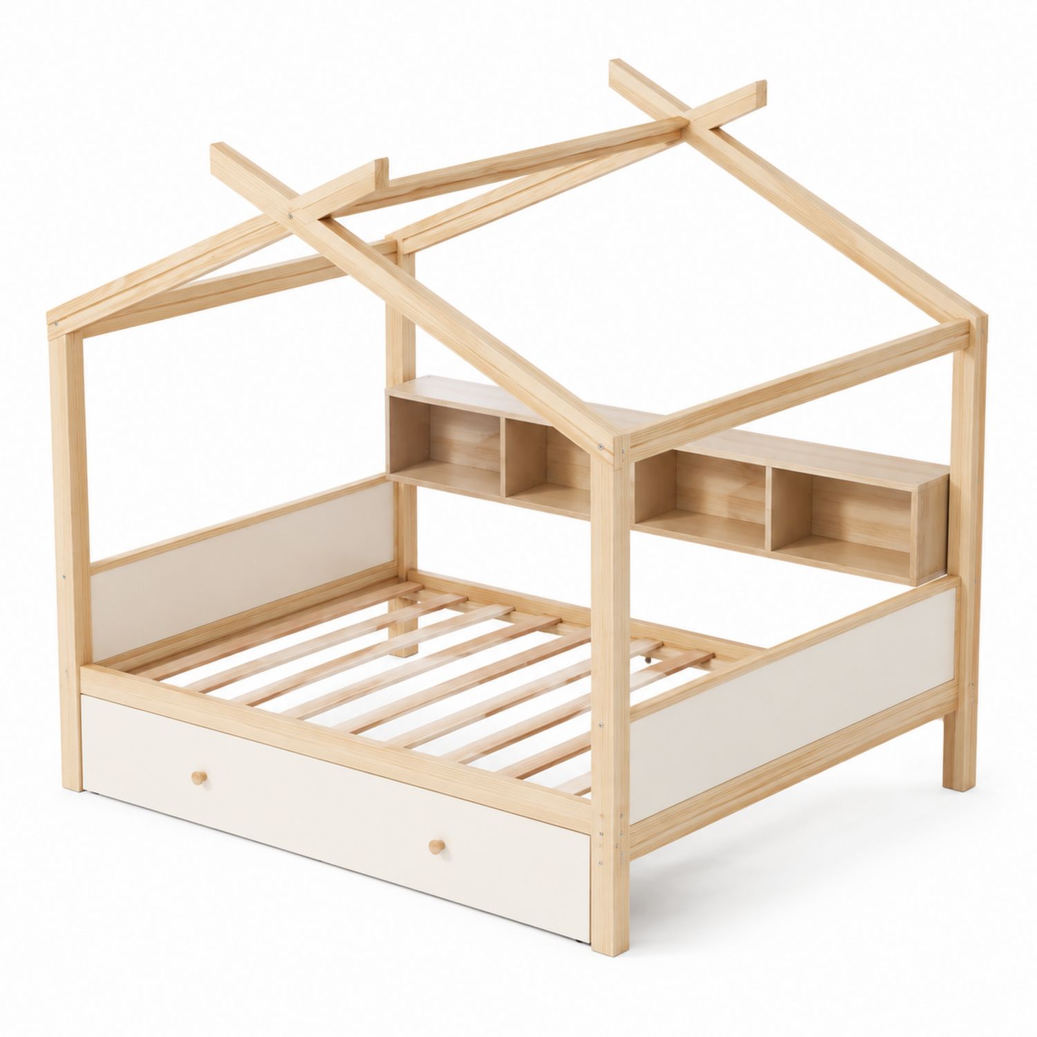 Lit cabane en bois pour enfant avec étagère et tiroir 90x200 cm-solvirekan