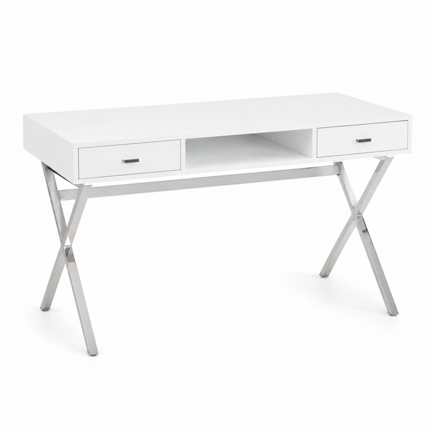 Bureau rectangulaire en bois blanc avec pieds en acier inoxydable-solvirekan