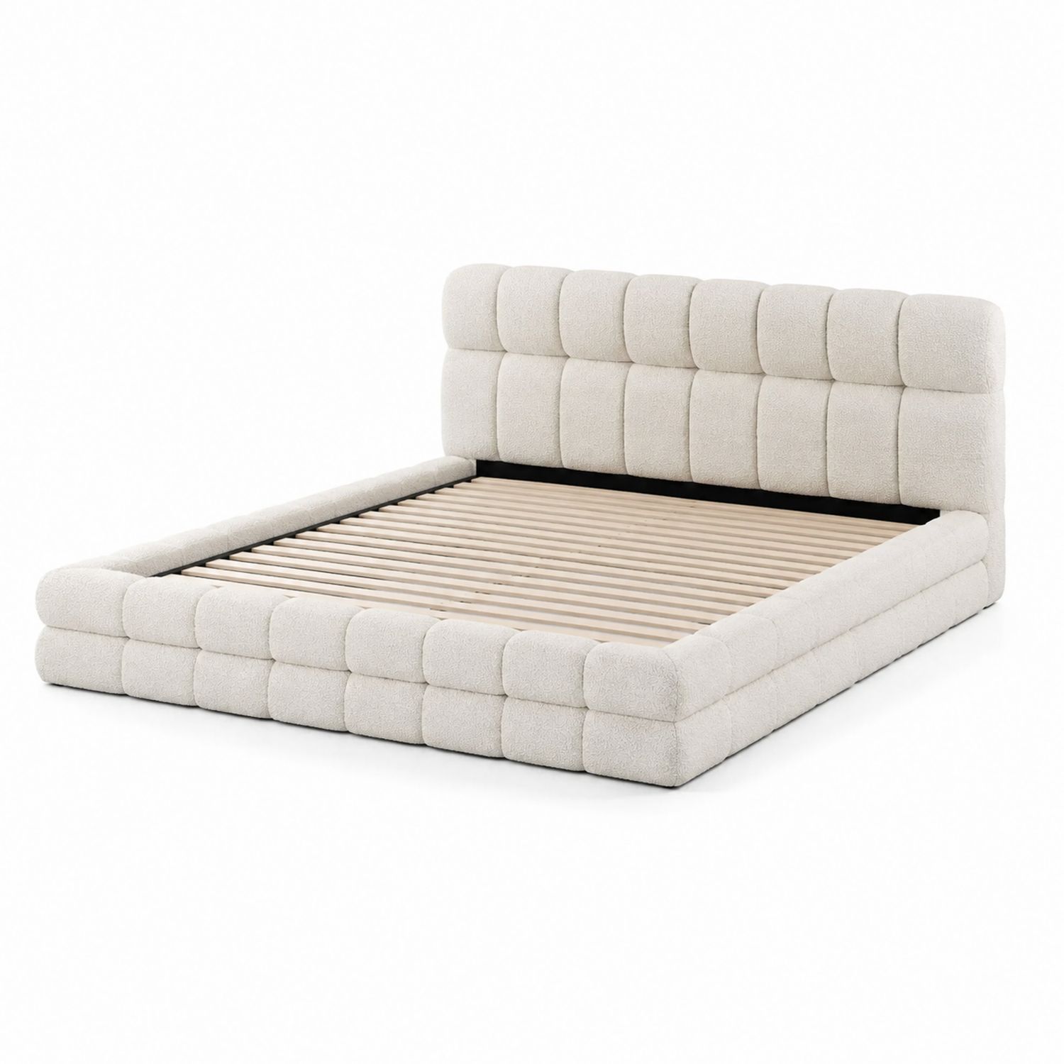 Lit double en tissu beige 200x180 cm avec base à lattes-solvirekan