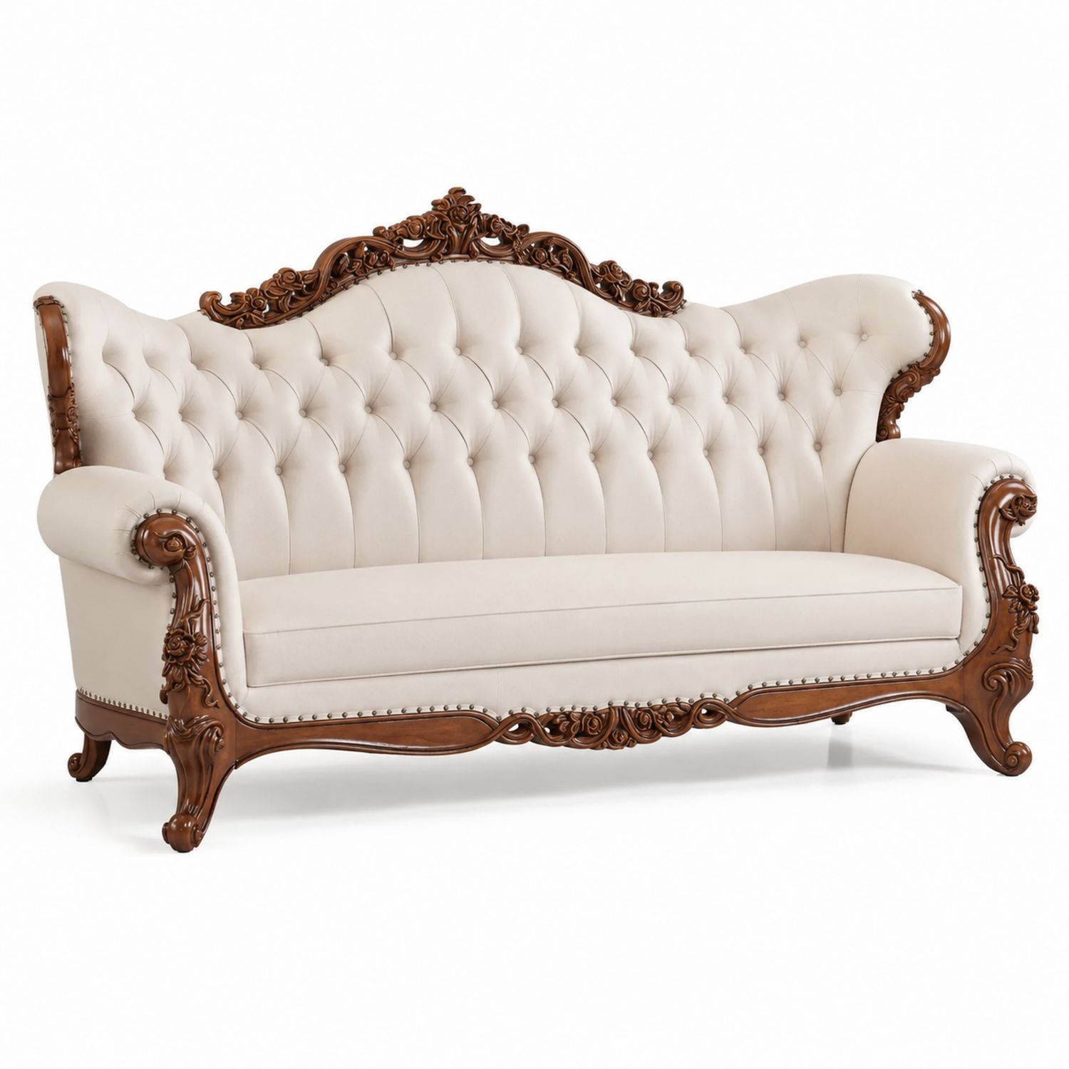 Canapé 3 places en bois et tissu polyester beige-solvirekan