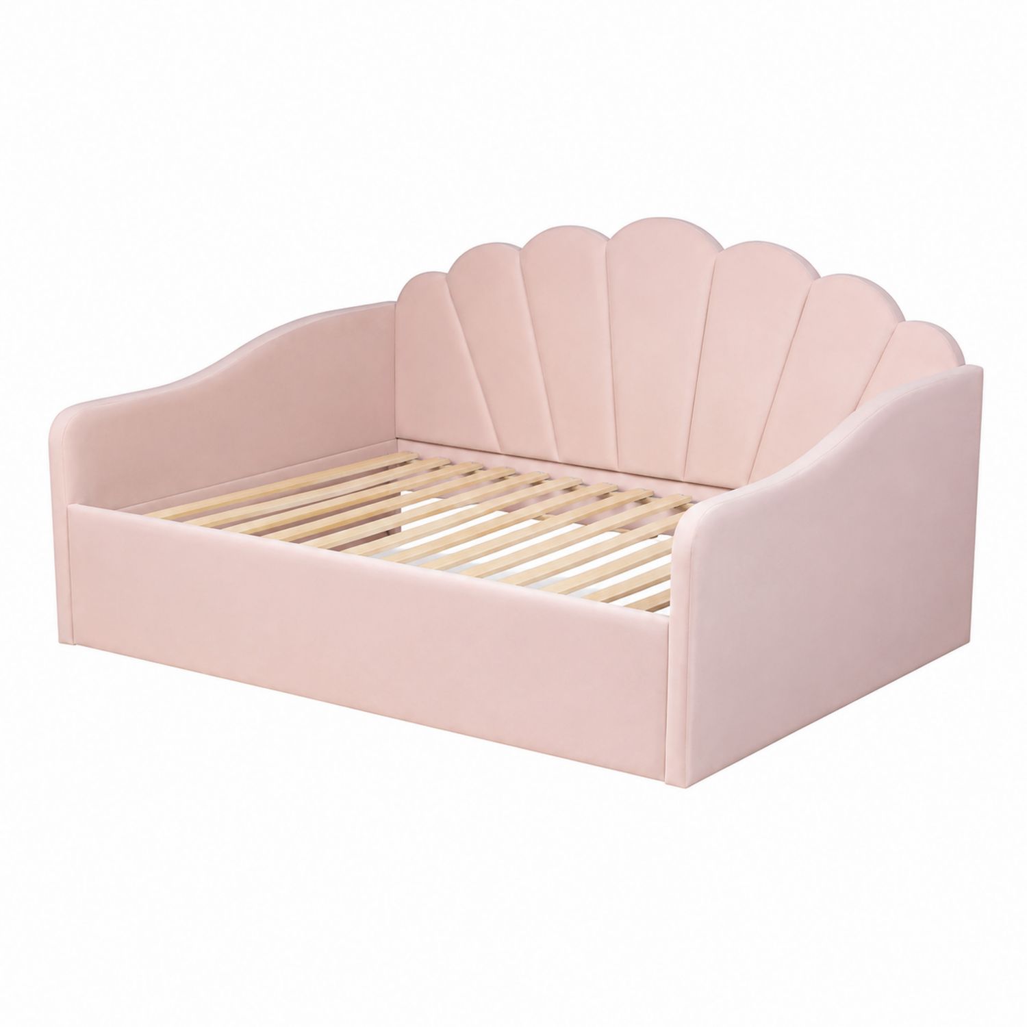 Lit enfant en velours rose avec tête de lit coquillage-Xelvoriant