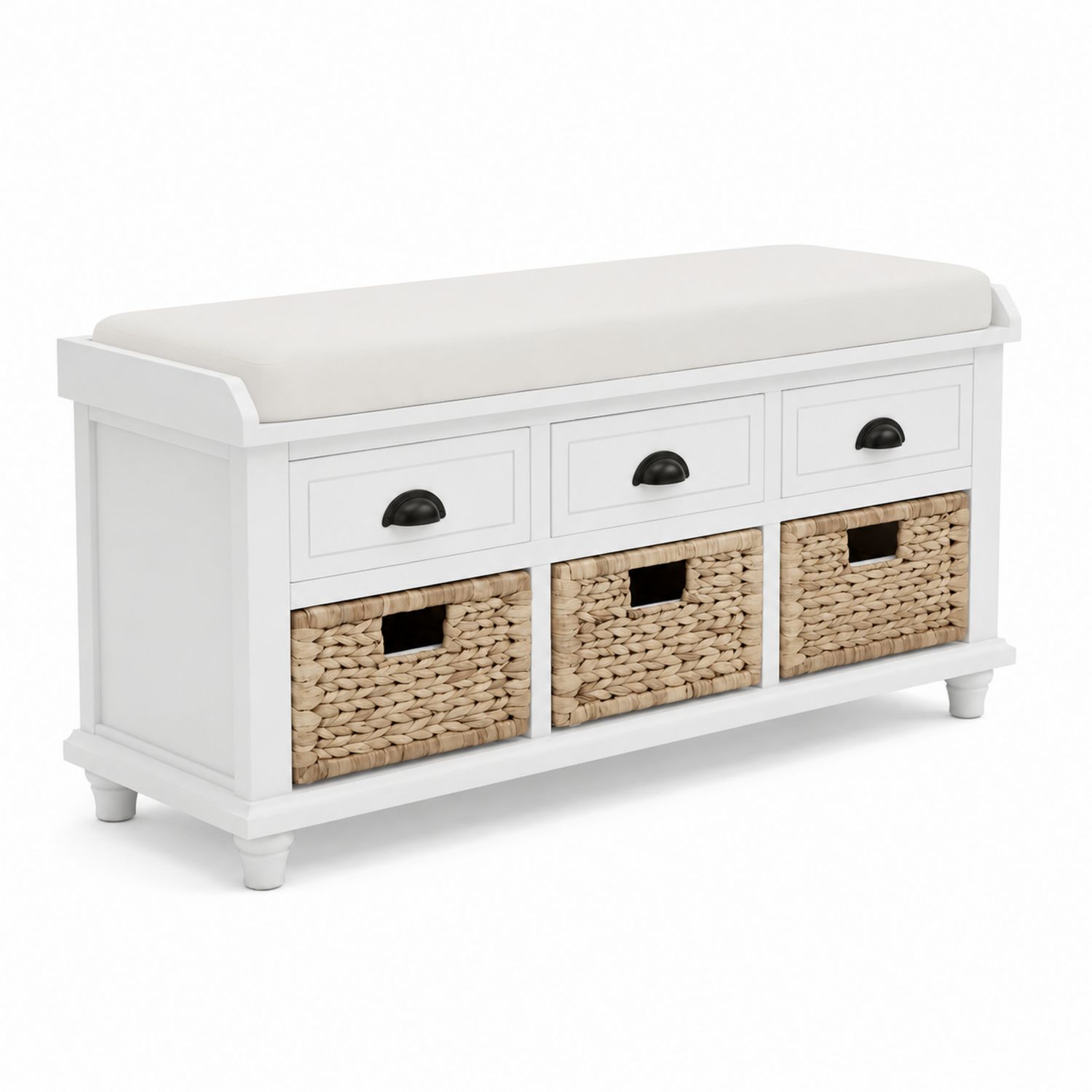 Banc de rangement en bois avec coussin en tissu crème et paniers en osier-Xelvoriant