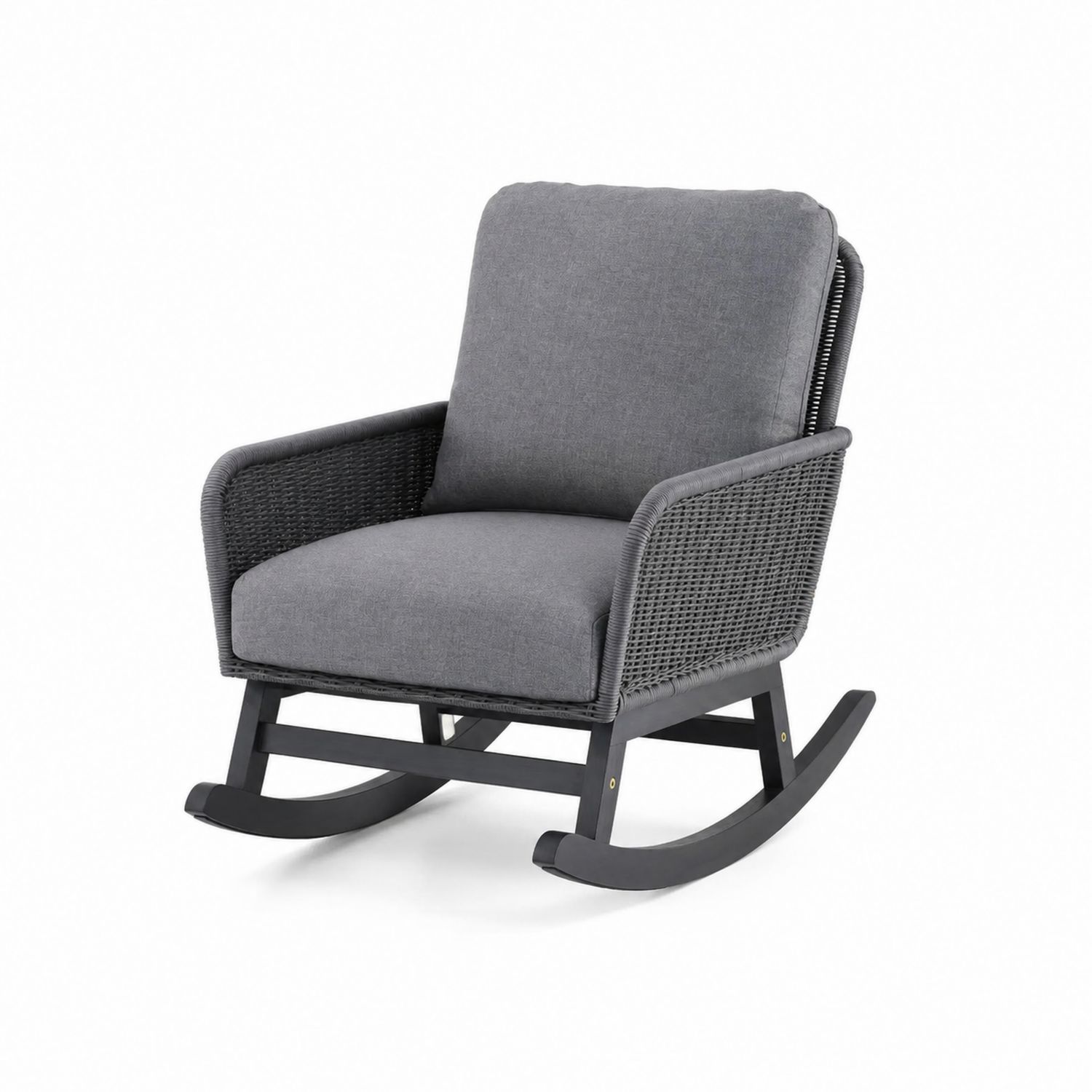 Chaise berçante en métal et rotin avec coussins en tissu gris-Xelvoriant