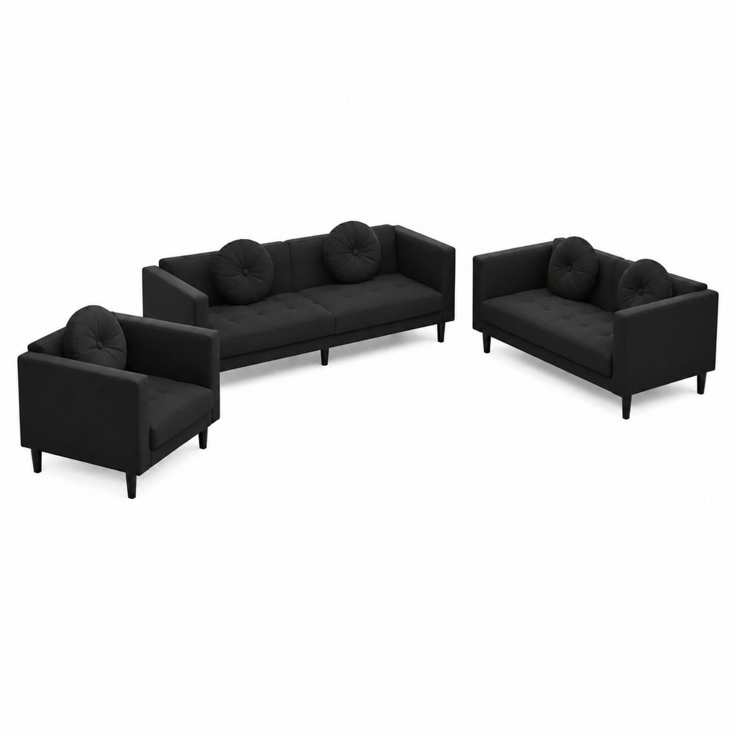 Ensemble de canapés en tissu noir: canapé 3 places, canapé 2 places et fauteuil-Xelvoriant