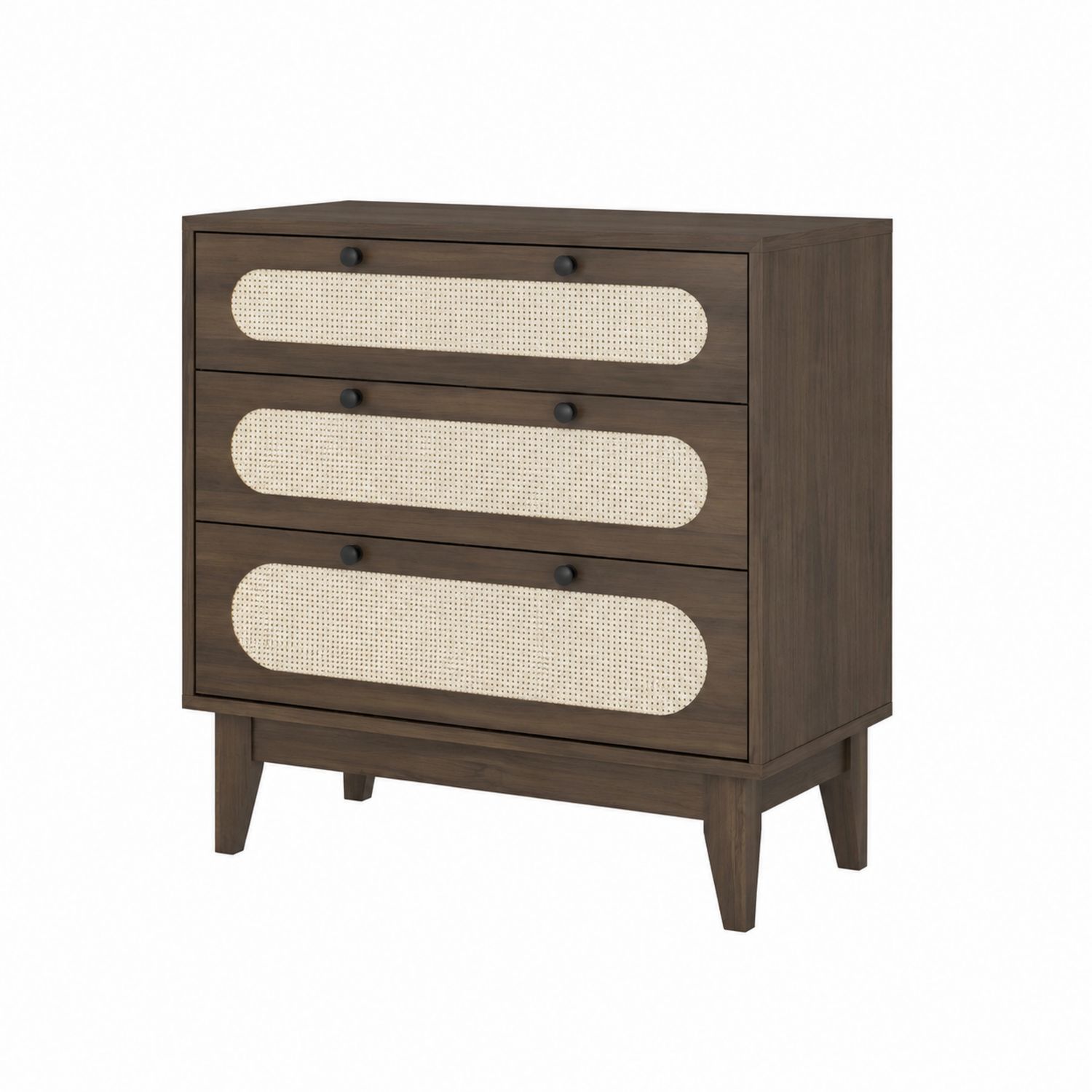 Commode en bois avec façade en rotin tressé, 3 tiroirs, Marron-Xelvoriant