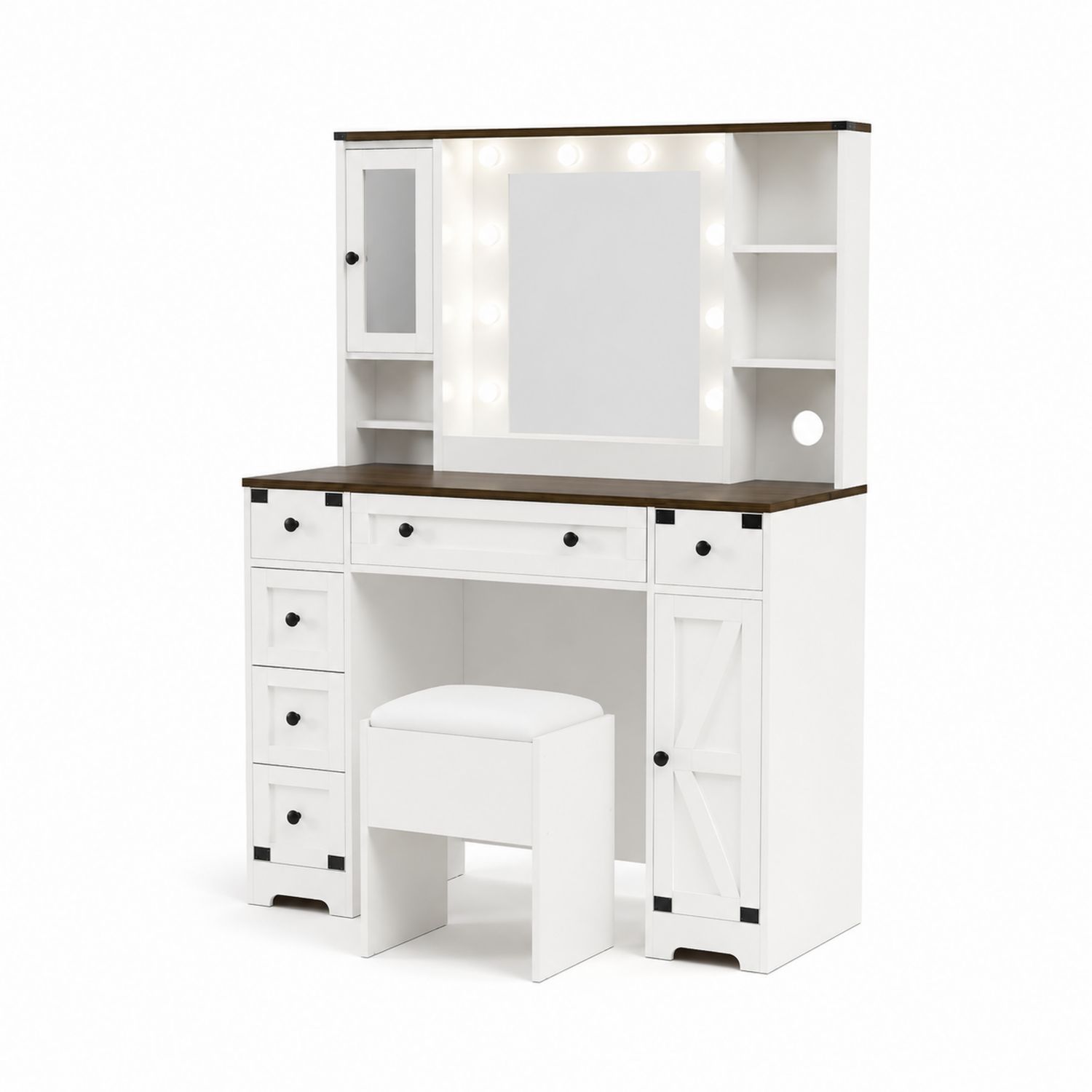Coiffeuse en bois blanc avec tabouret et miroir éclairé-Xelvoriant