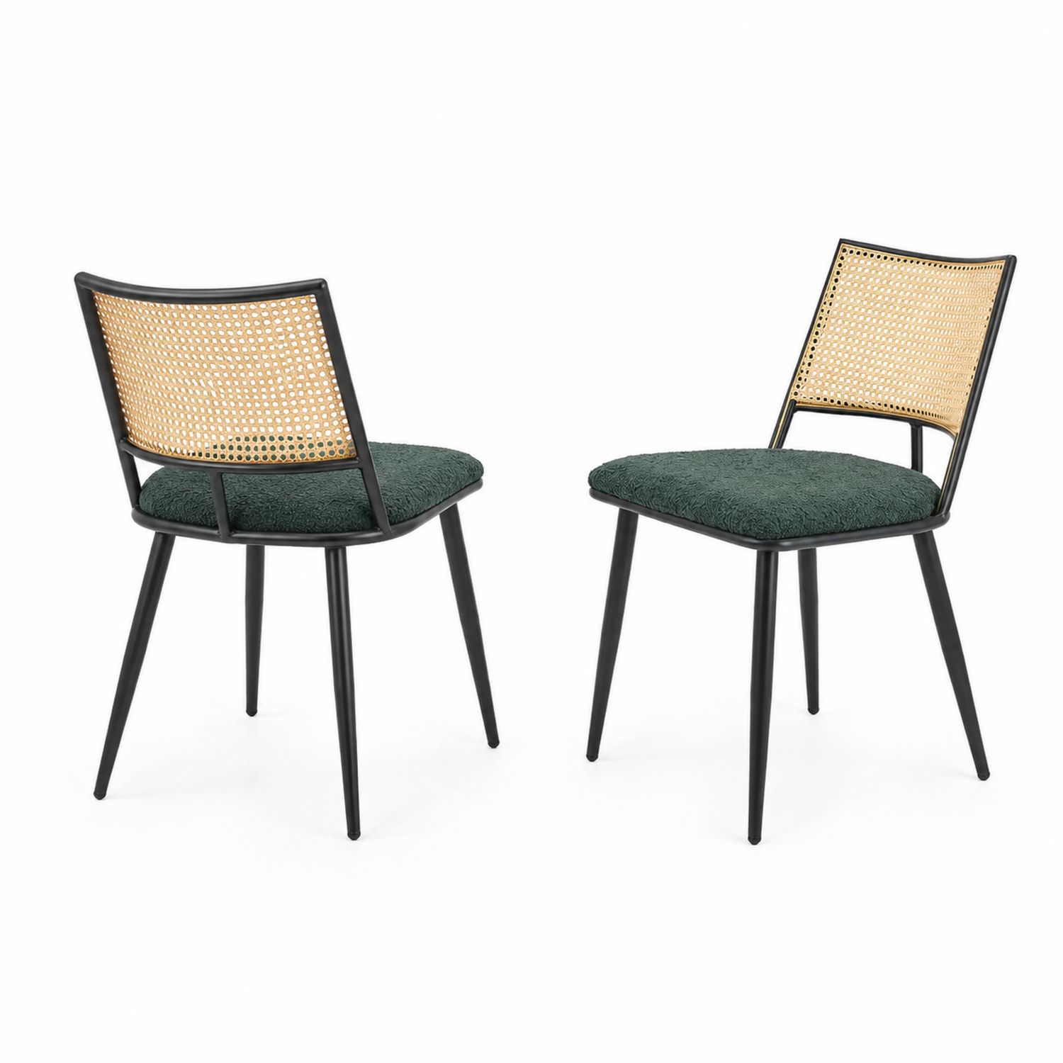 Chaises en métal noir avec dossier en rotin et tissu vert (ensemble de 2)-Xelvoriant