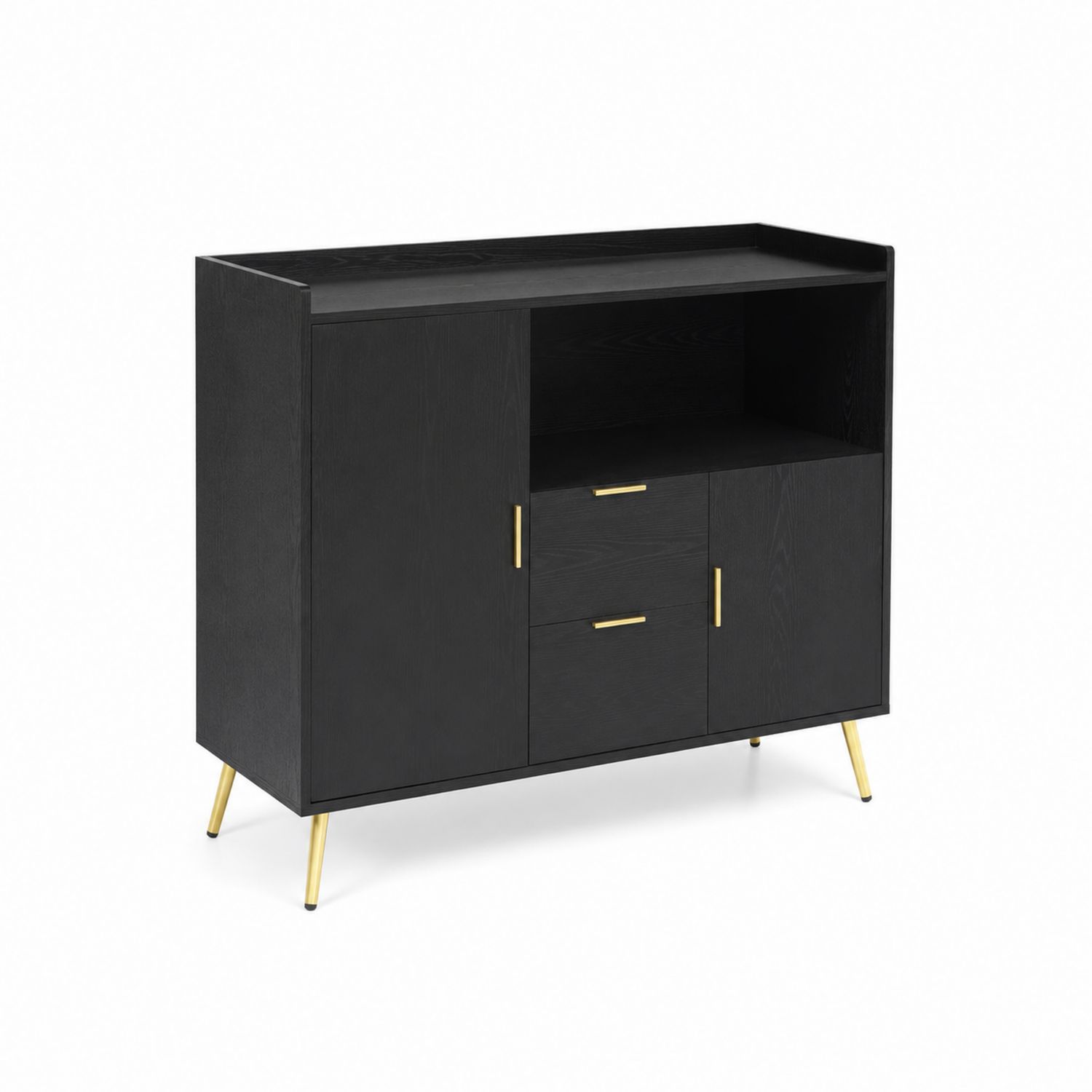 Buffet en bois noir avec poignées et pieds en métal doré 120x40x85 cm-Xelvoriant