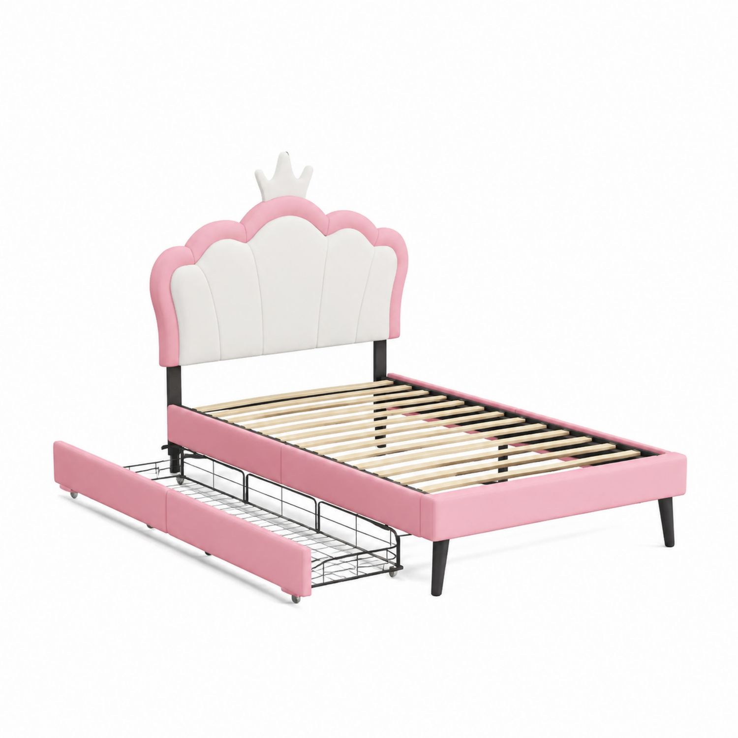 Lit enfant en cuir artificiel avec tiroir 90x200 cm Rose et Blanc-Xelvoriant
