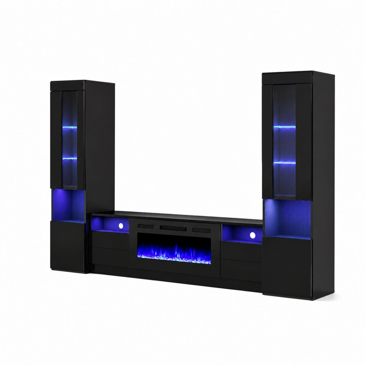 Meuble TV avec foyers électriques intégrés, étagères LED, 300 cm, bois, noir-Xelvoriant