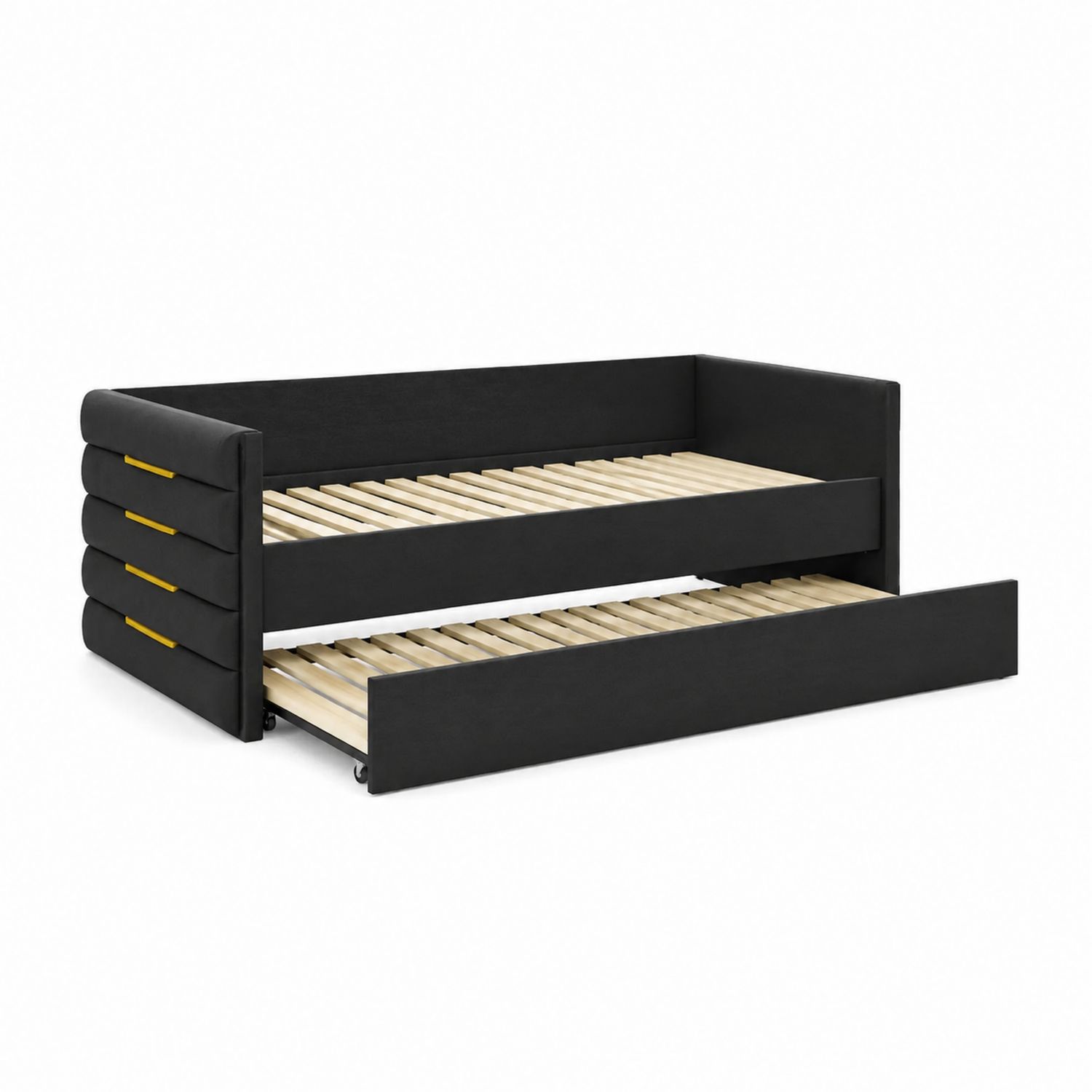 Lit gigogne en bois et tissu noir 90x200 cm-Xelvoriant