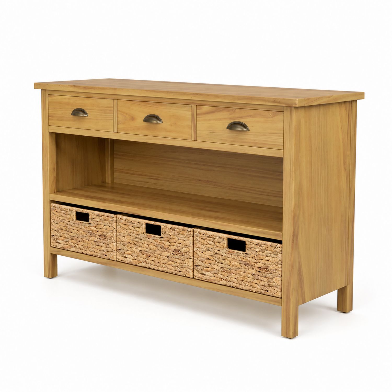 Console en bois de pin avec tiroirs et paniers en osier-Xelvoriant