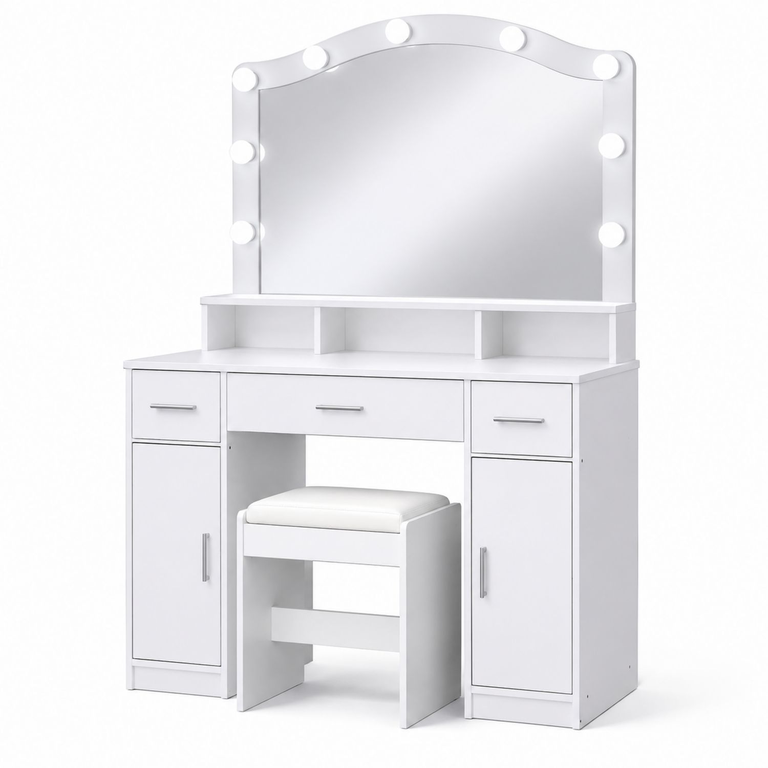 Coiffeuse avec miroir LED et tabouret en MDF Blanc 140x90x40 cm-Xelvoriant
