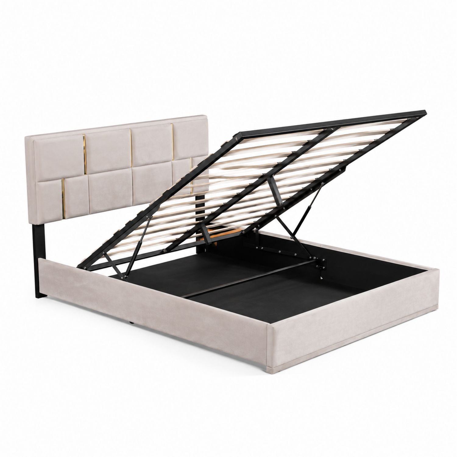 Lit double en velours avec rangement et structure métallique-Xelvoriant
