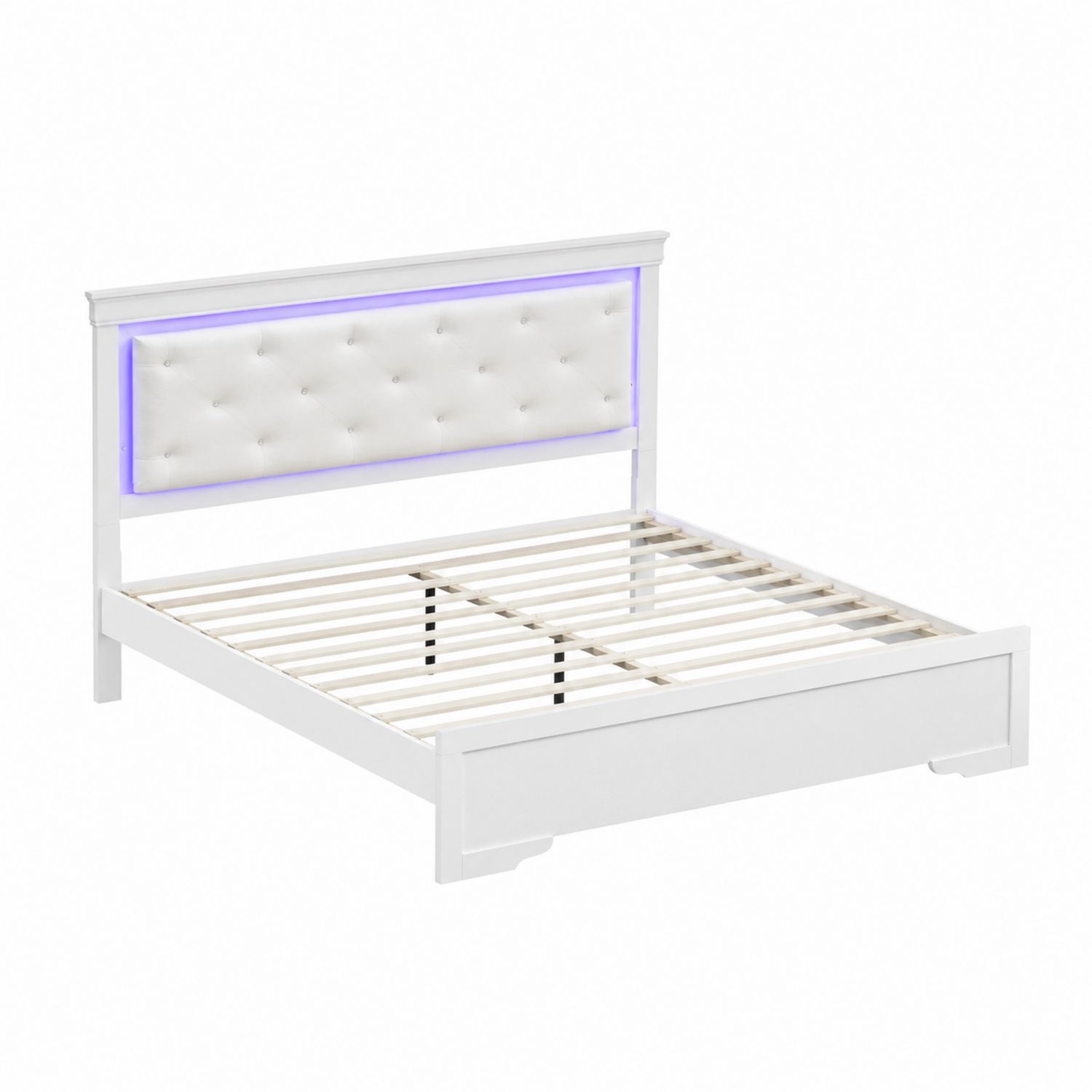 Lit double avec éclairage LED et tête de lit rembourrée en simili cuir, Blanc-Xelvoriant