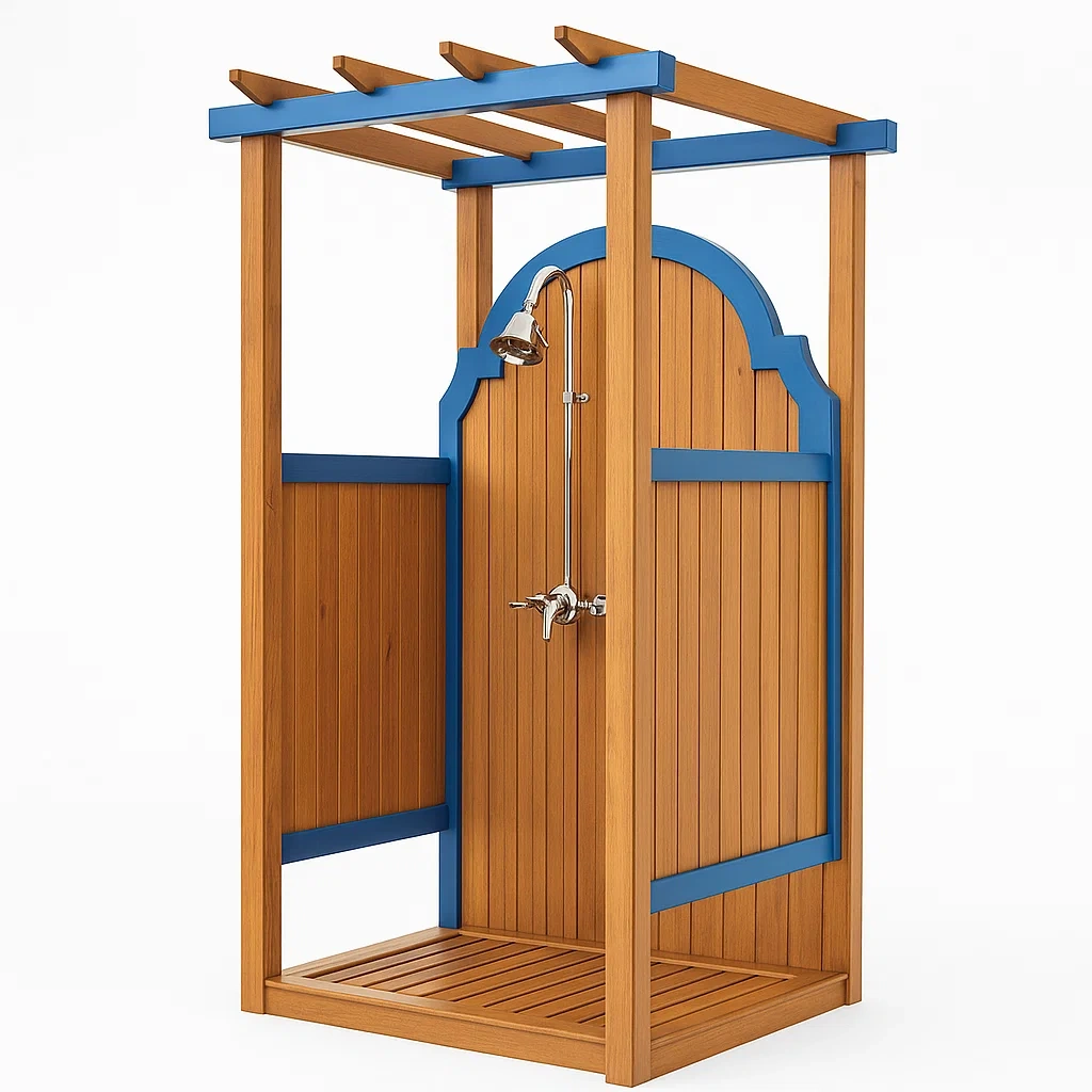 Holz Gartendusche mit Edelstahlarmaturen Blau/Braun