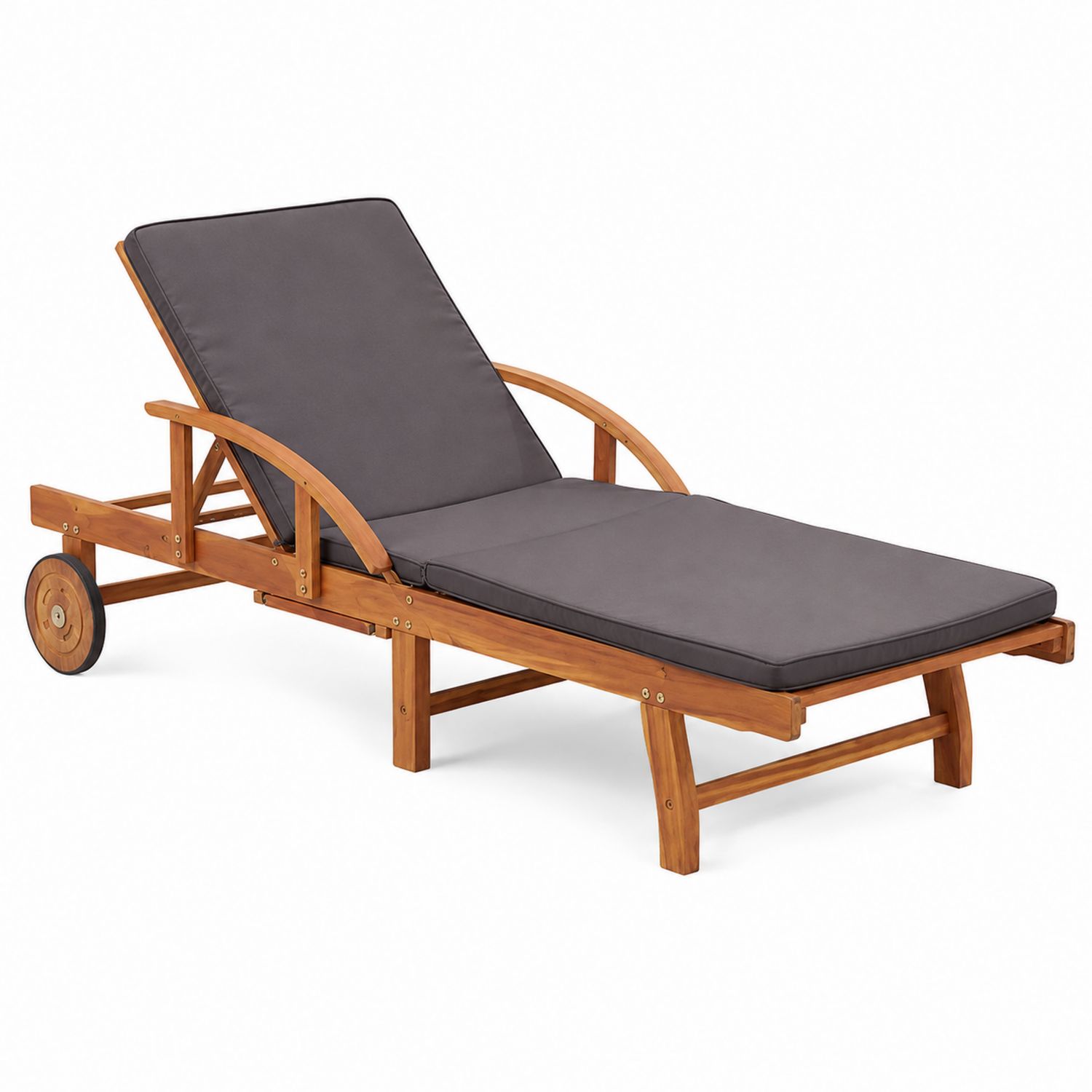 Chaise longue extérieure en bois d'acacia avec coussin en polyester gris