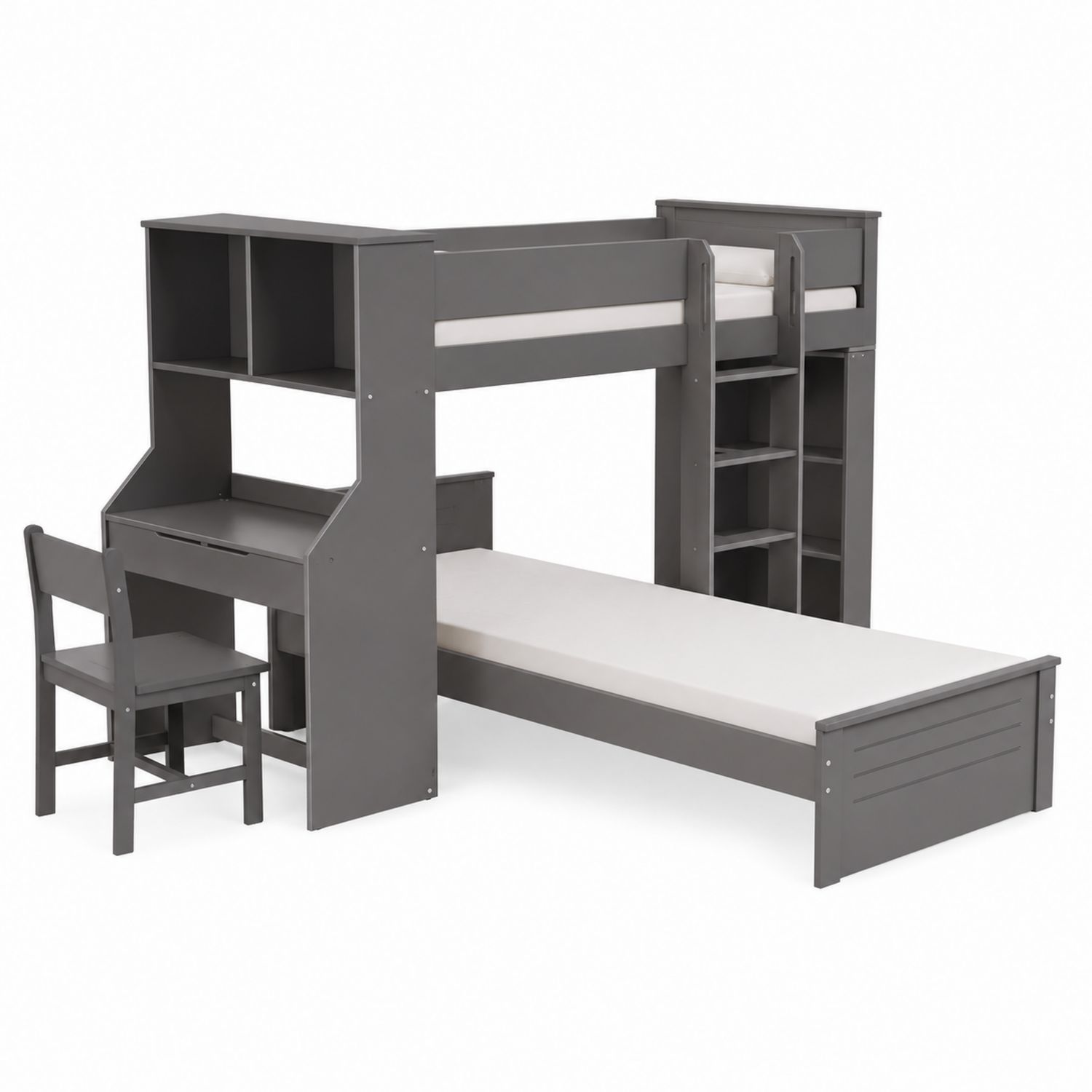 Lit superposé avec bureau et chaise en bois gris