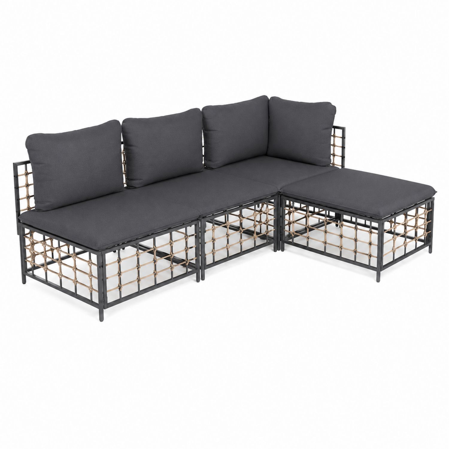 Canapé d'angle en métal et rotin avec coussins en tissu Gris