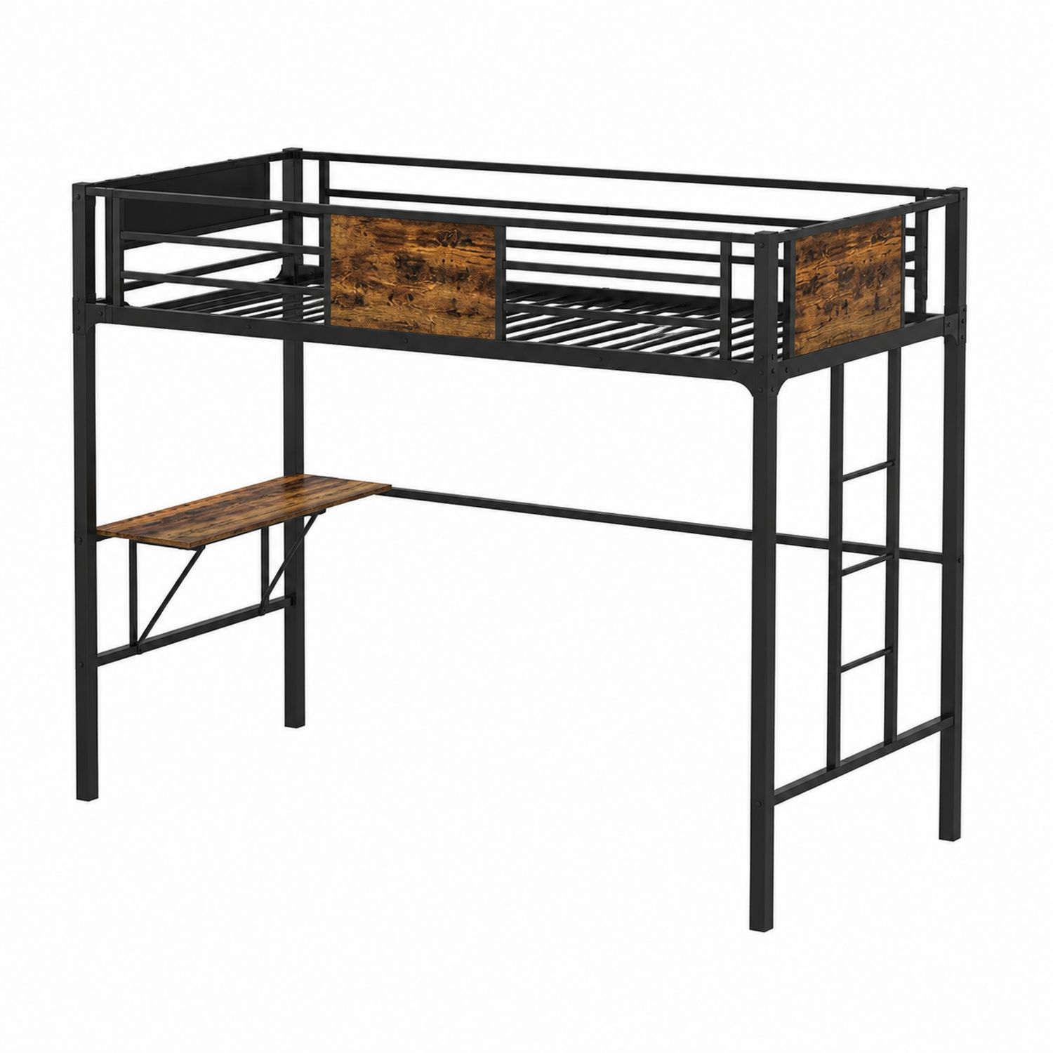 Lit mezzanine en métal avec bureau intégré 200x90 cm Noir/Bois brun