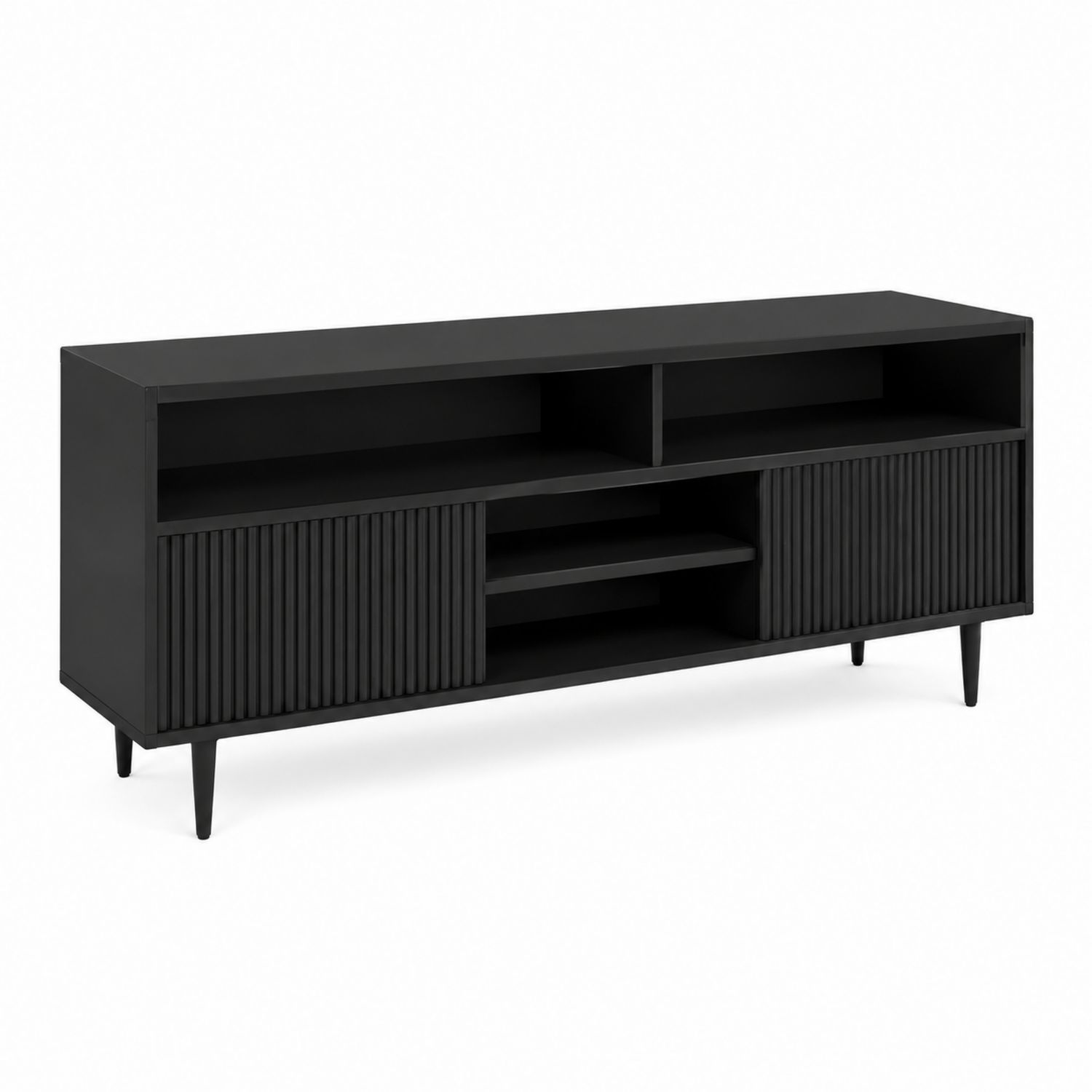 Meuble TV en bois noir avec étagères et portes coulissantes 155x40x50 cm
