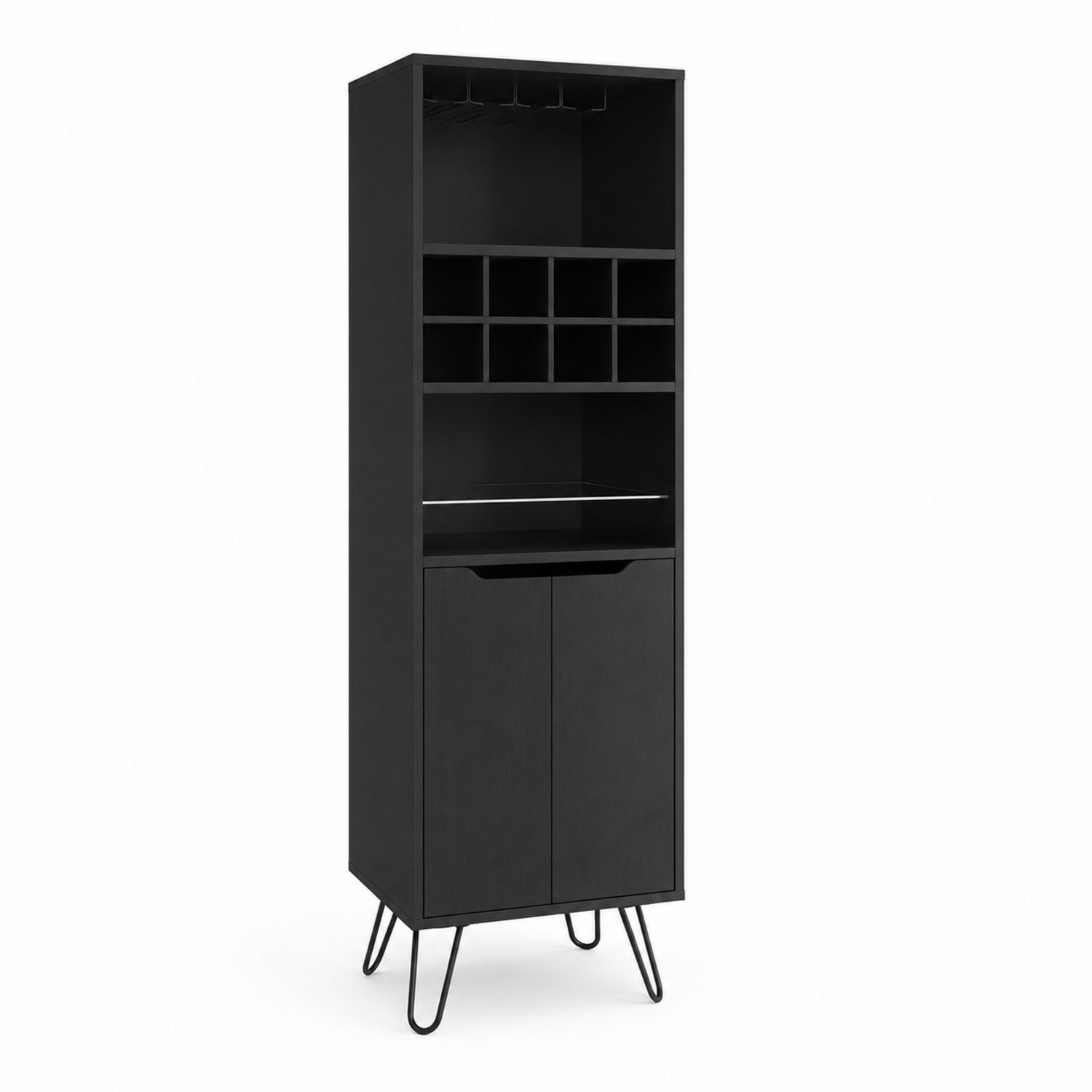Armoire de bar en bois noir avec rangements en métal