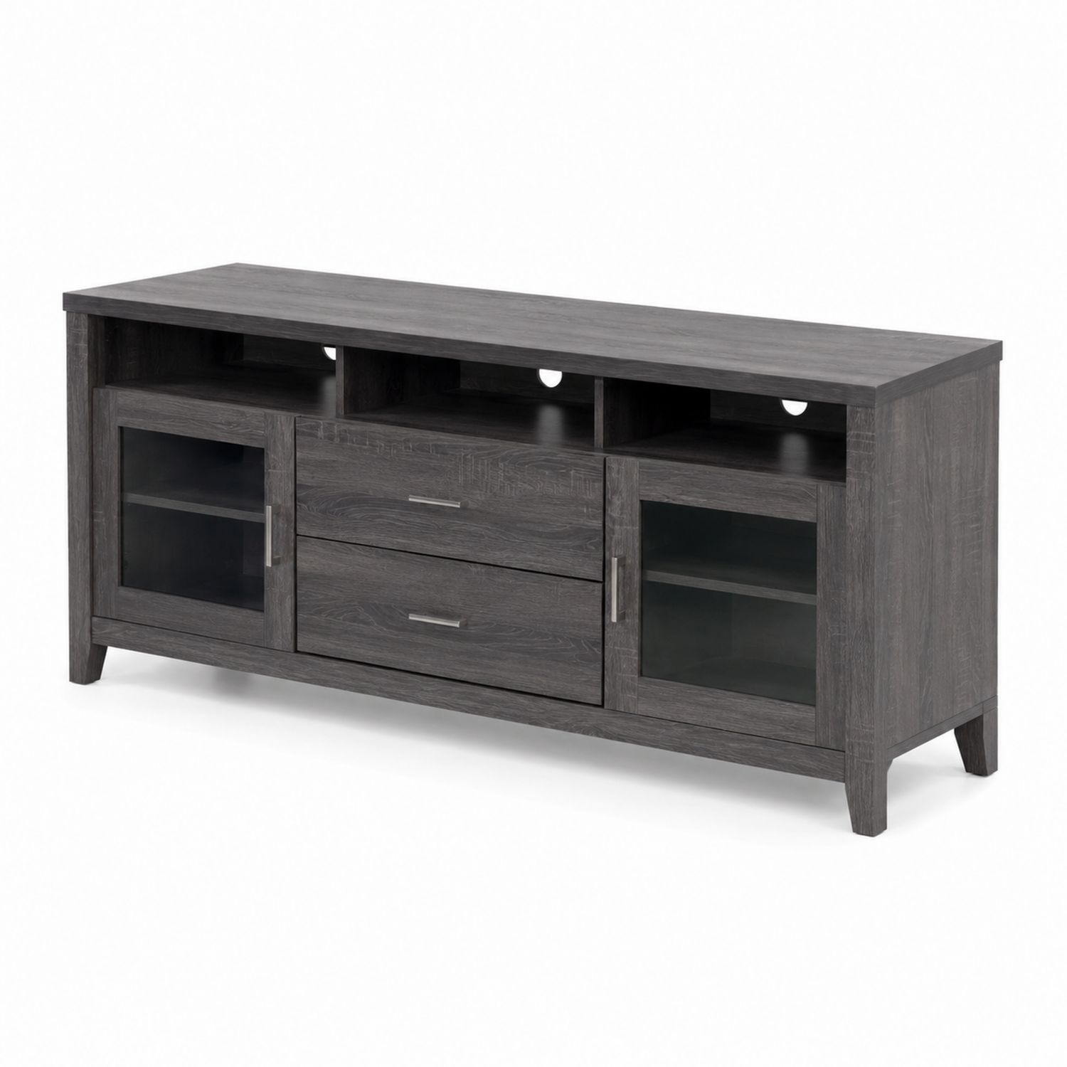 Meuble TV en bois avec portes vitrées et tiroirs, Gris