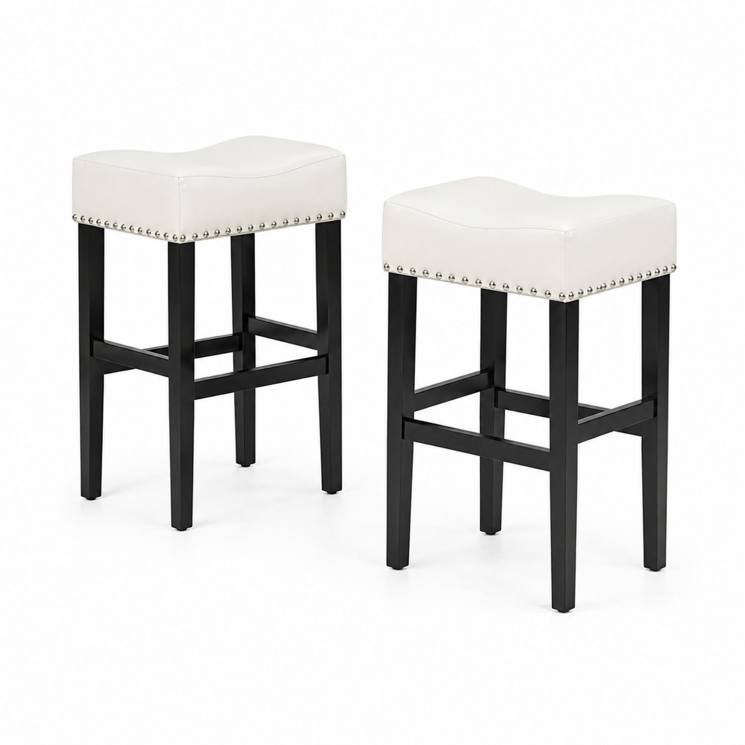 Tabourets de bar en bois et simili cuir avec clous, hauteur 76 cm, ensemble de 2