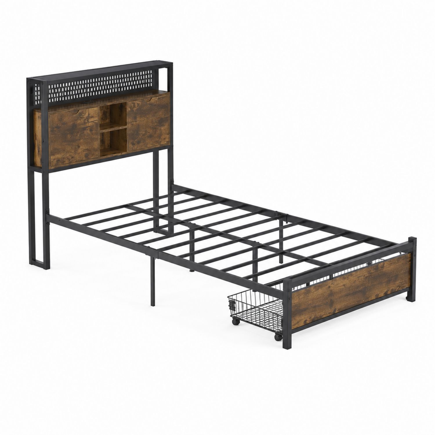 Lit simple en métal et bois avec tête de lit et rangement 200x90 cm