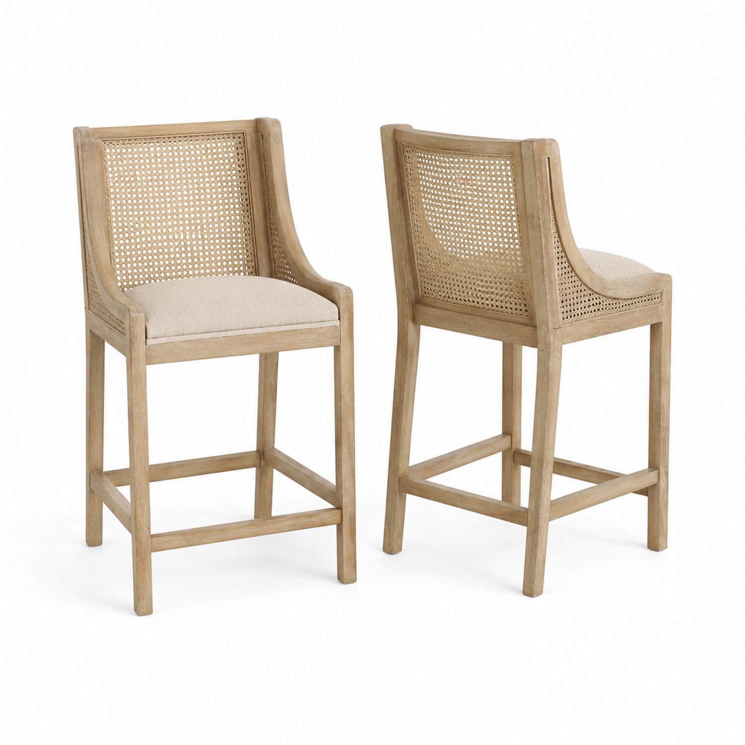 Paire de tabourets de bar en bois et rotin avec assise en lin beige