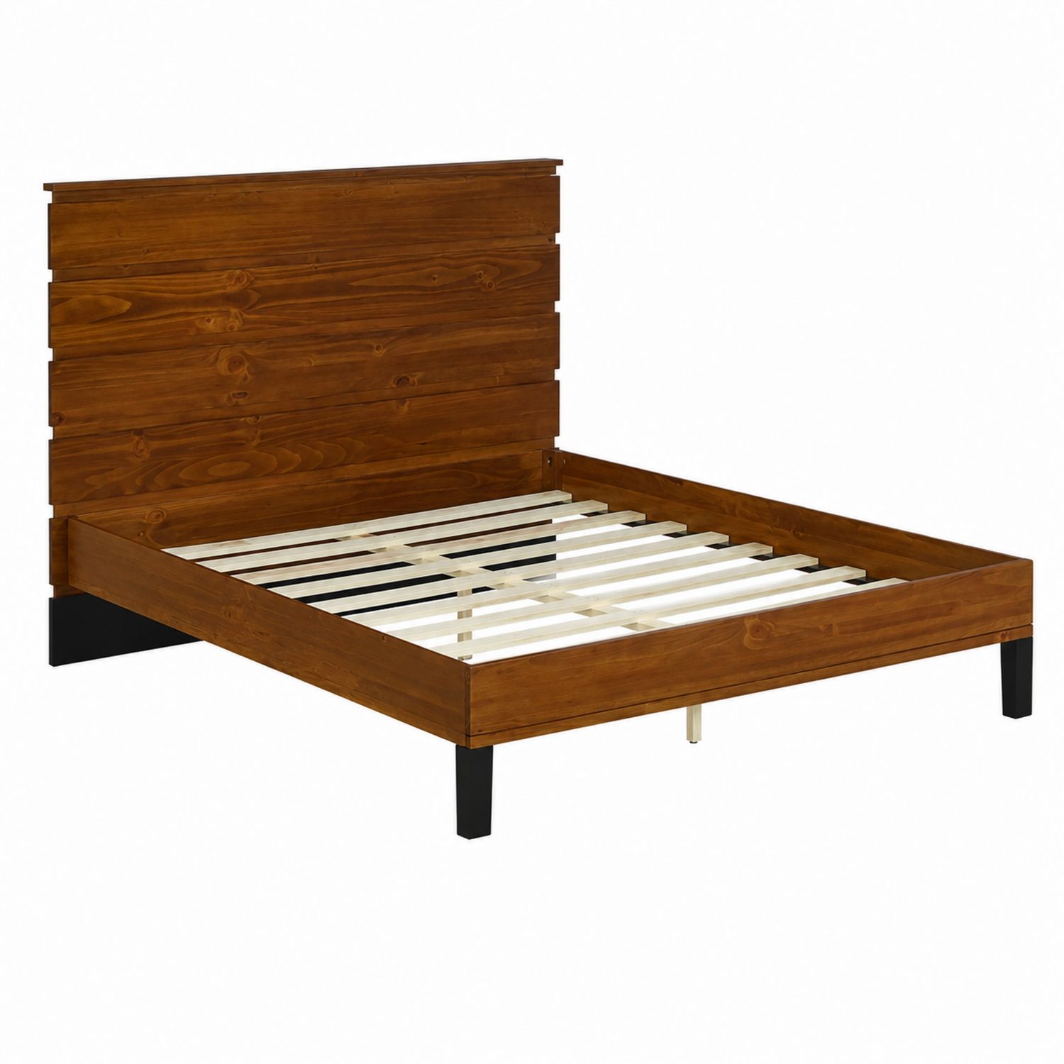 Lit double en bois brun avec tête de lit et pieds noirs 200x160 cm