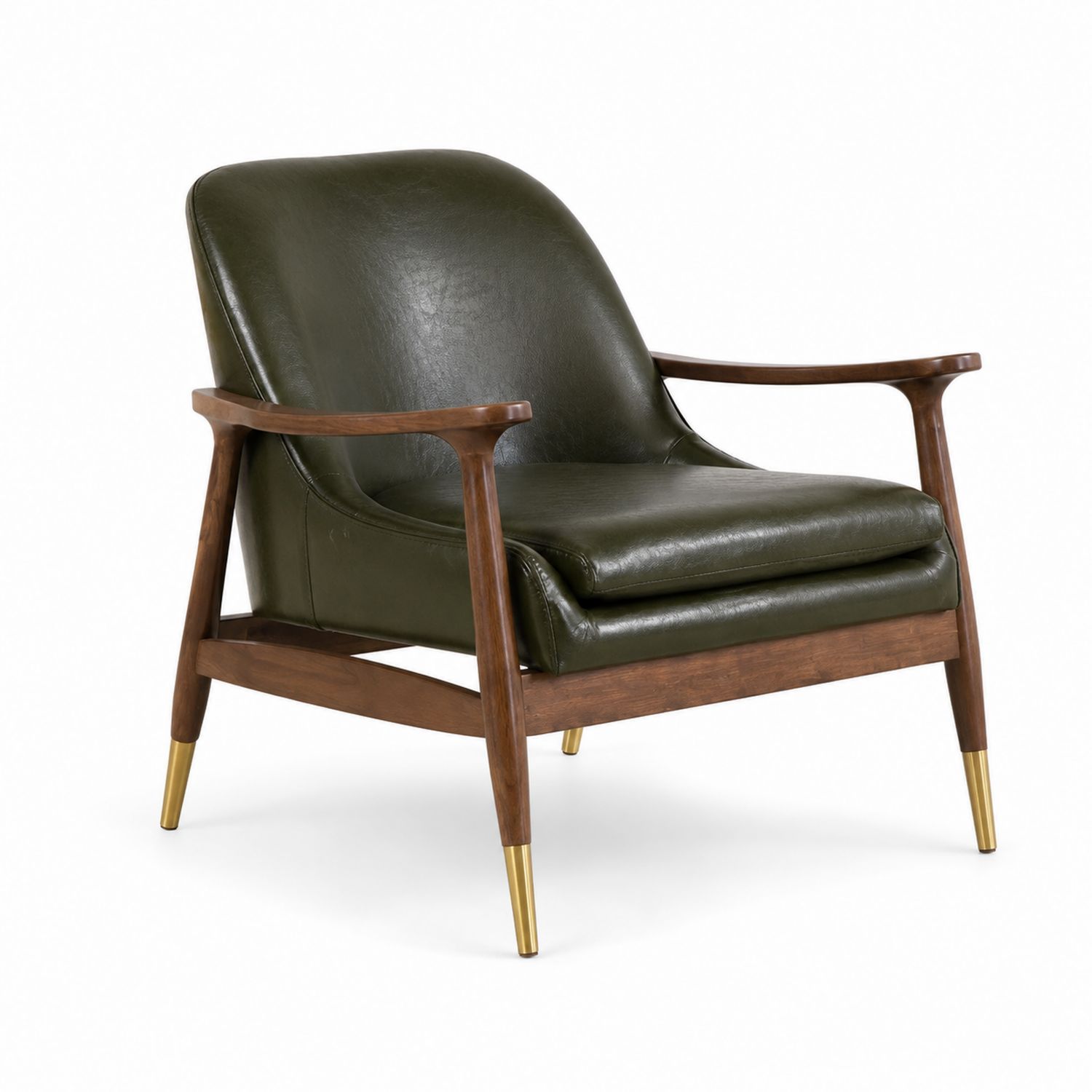 Fauteuil en cuir synthétique vert avec structure en bois et pieds métalliques