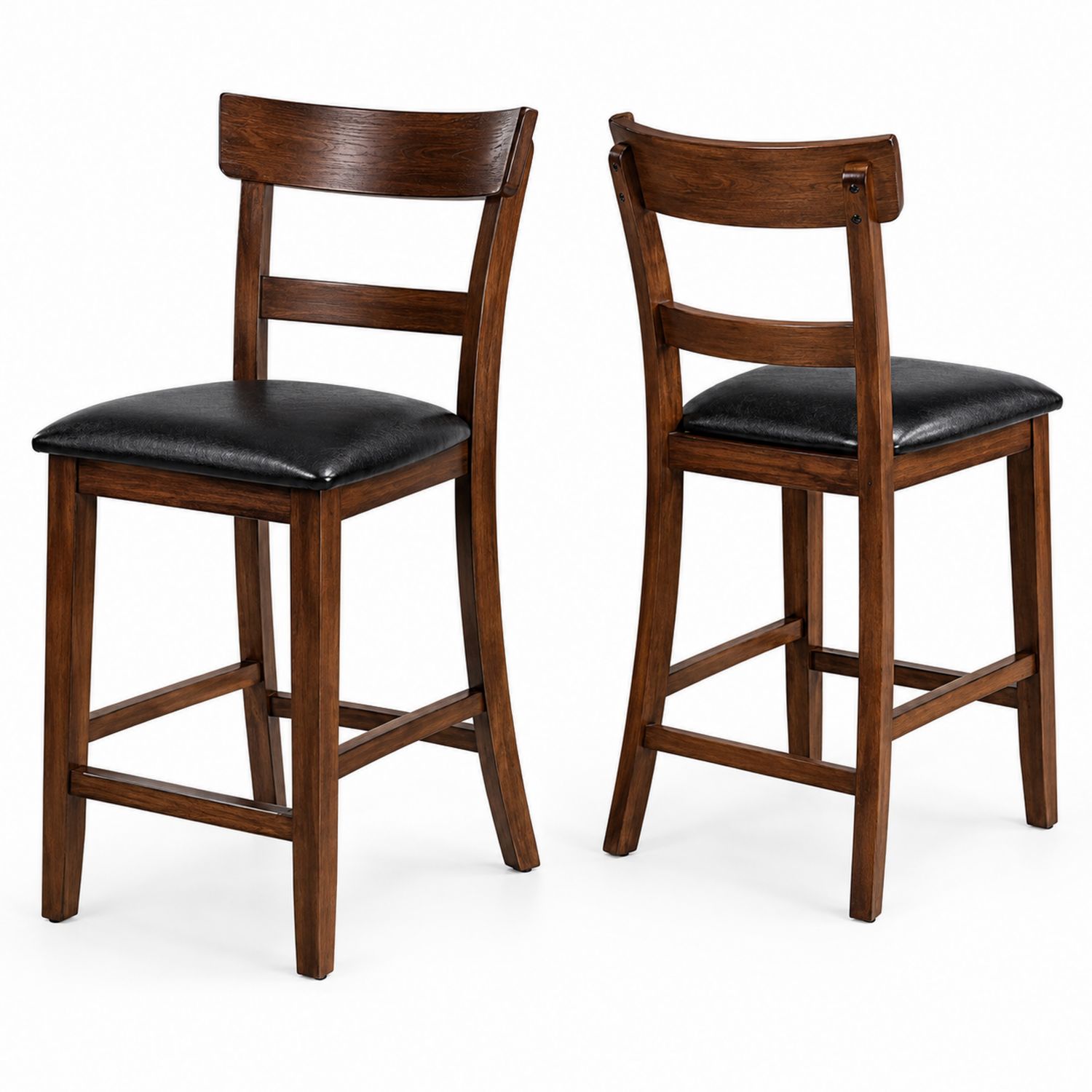 Tabourets de bar en bois avec assise en cuir synthétique noir